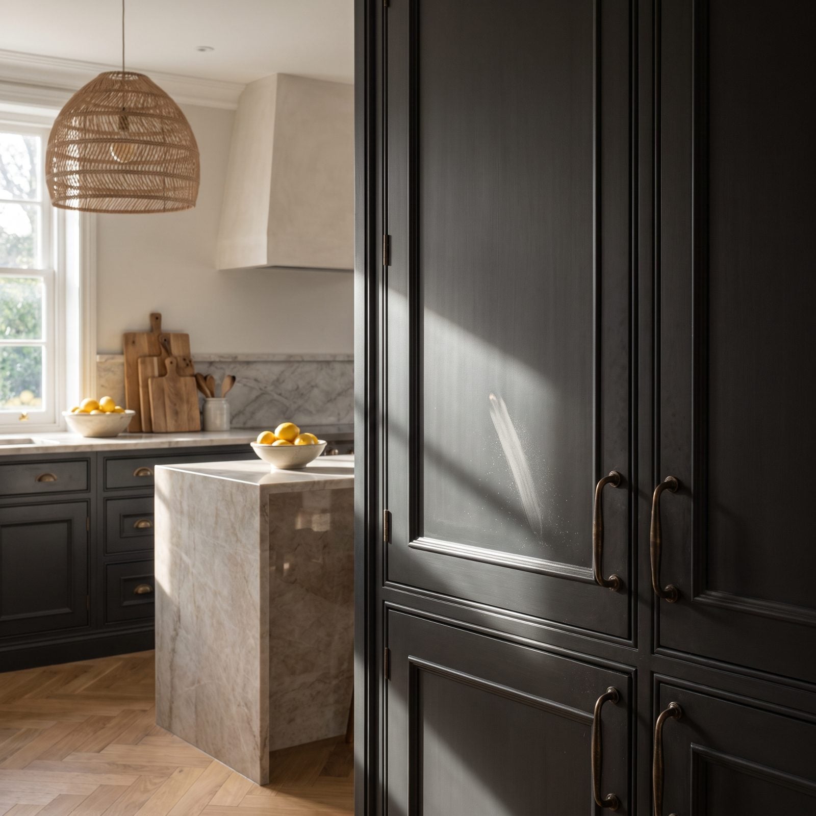 Painted cabinet door in side light showing fine dust specks locked under the finish.