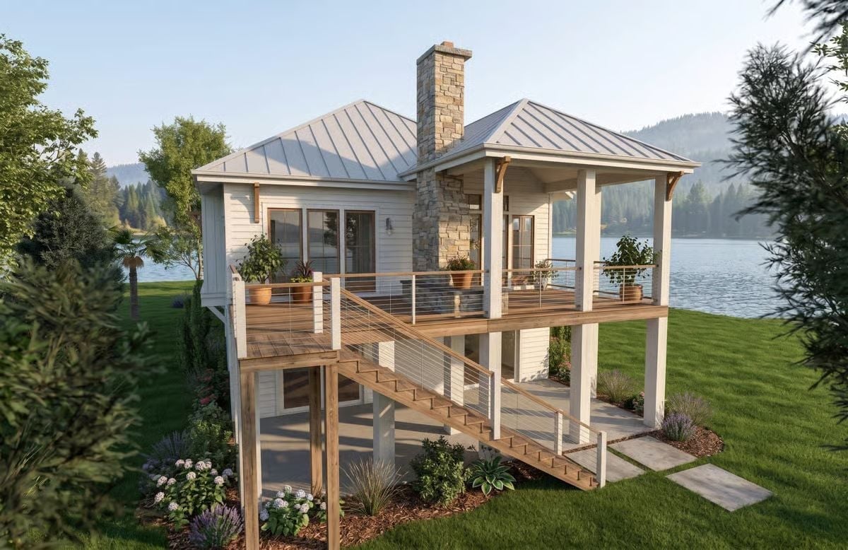 Lakefront Living Gets a Stone Chimney and a Very Good Staircase