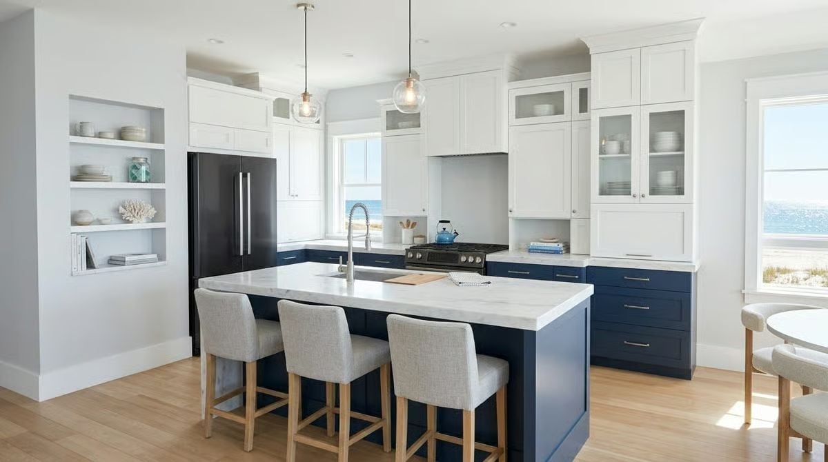 Navy Cabinets, Ocean Out the Window, and a Kettle That Matches Both