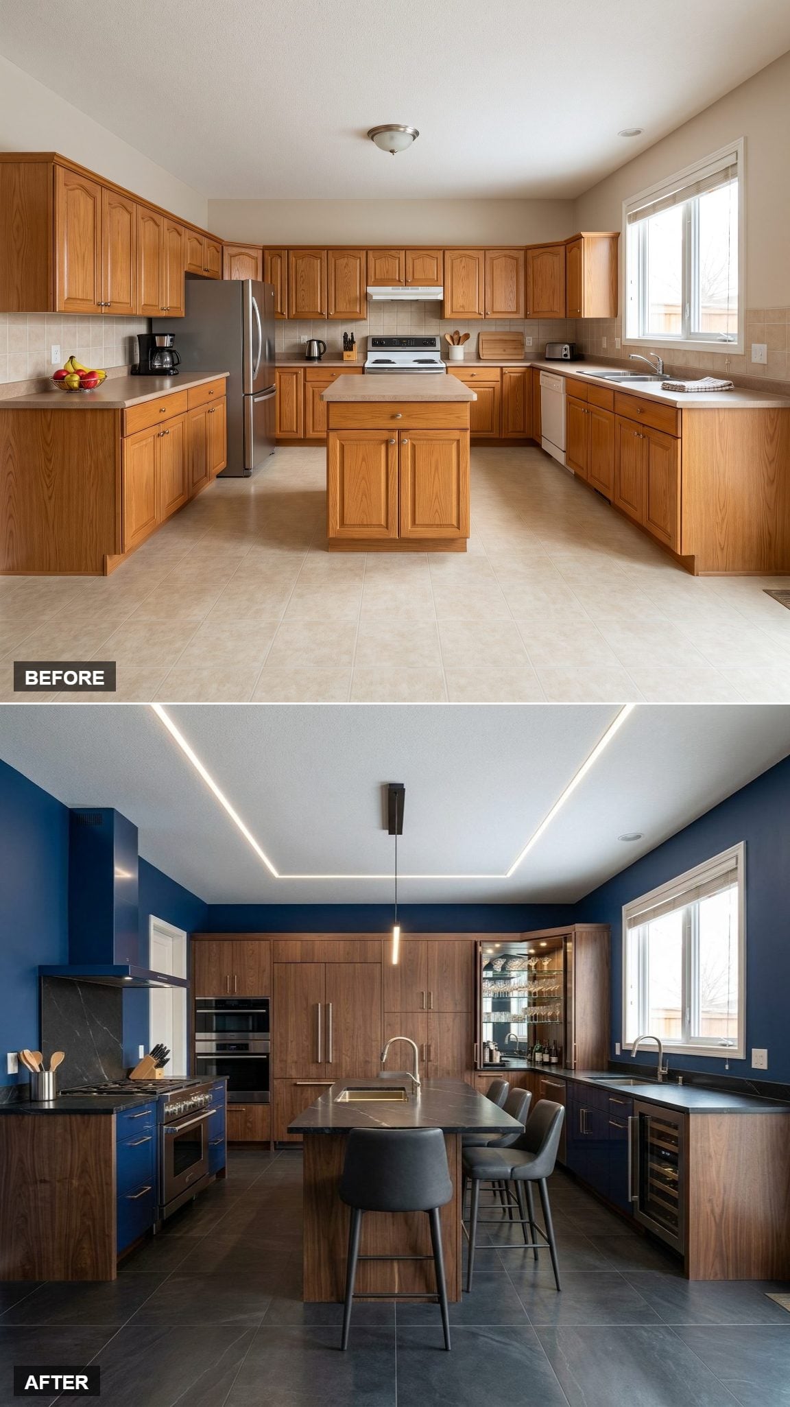 Sapphire Lacquer, Smoked Walnut, and Black Quartzite in a High-Glam Entertaining Kitchen