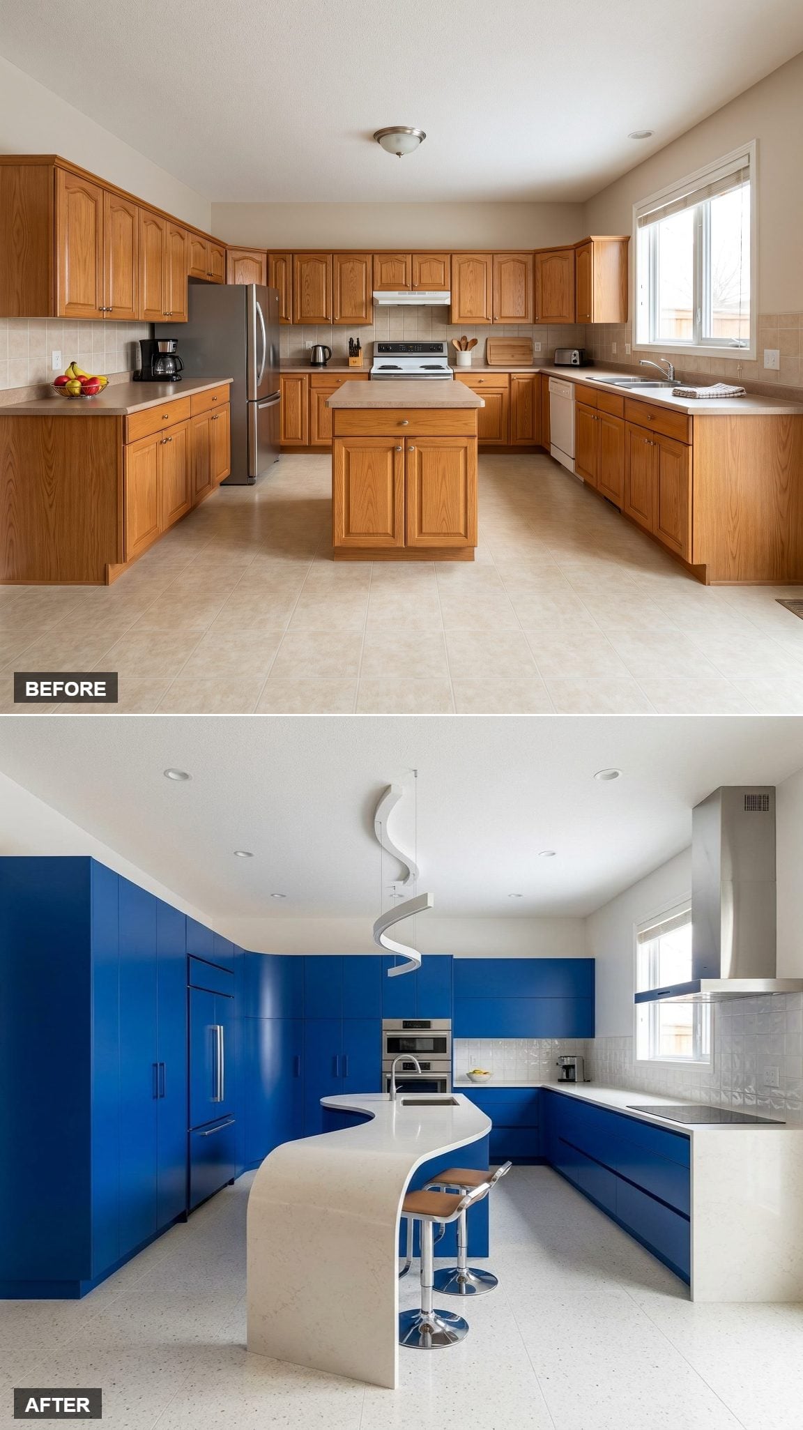 Saturated Cobalt and a Serpentine Warm-White Stone Island as Pure Graphic Architecture
