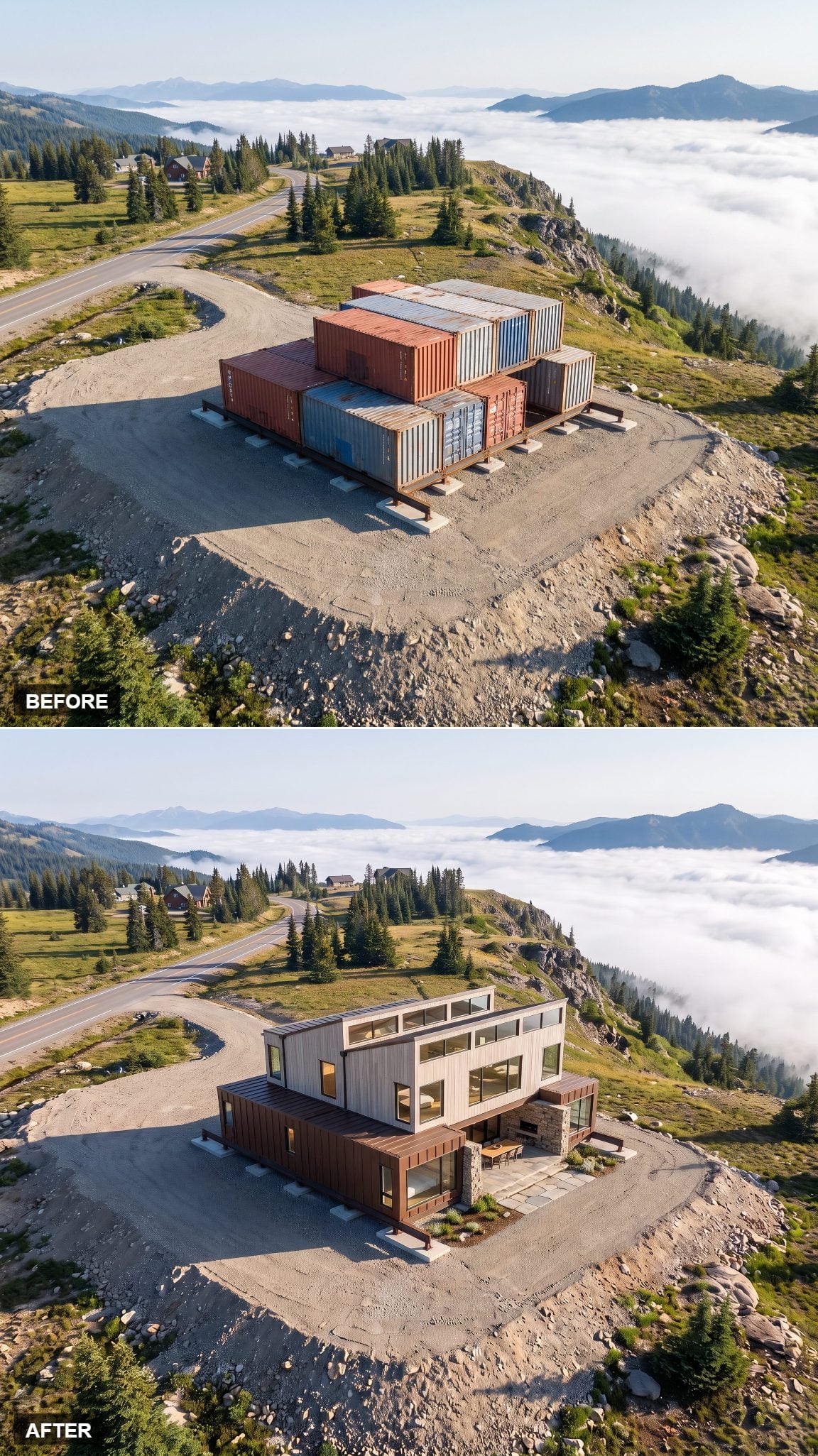 Mountain container house concept with sawtooth roof monitors
