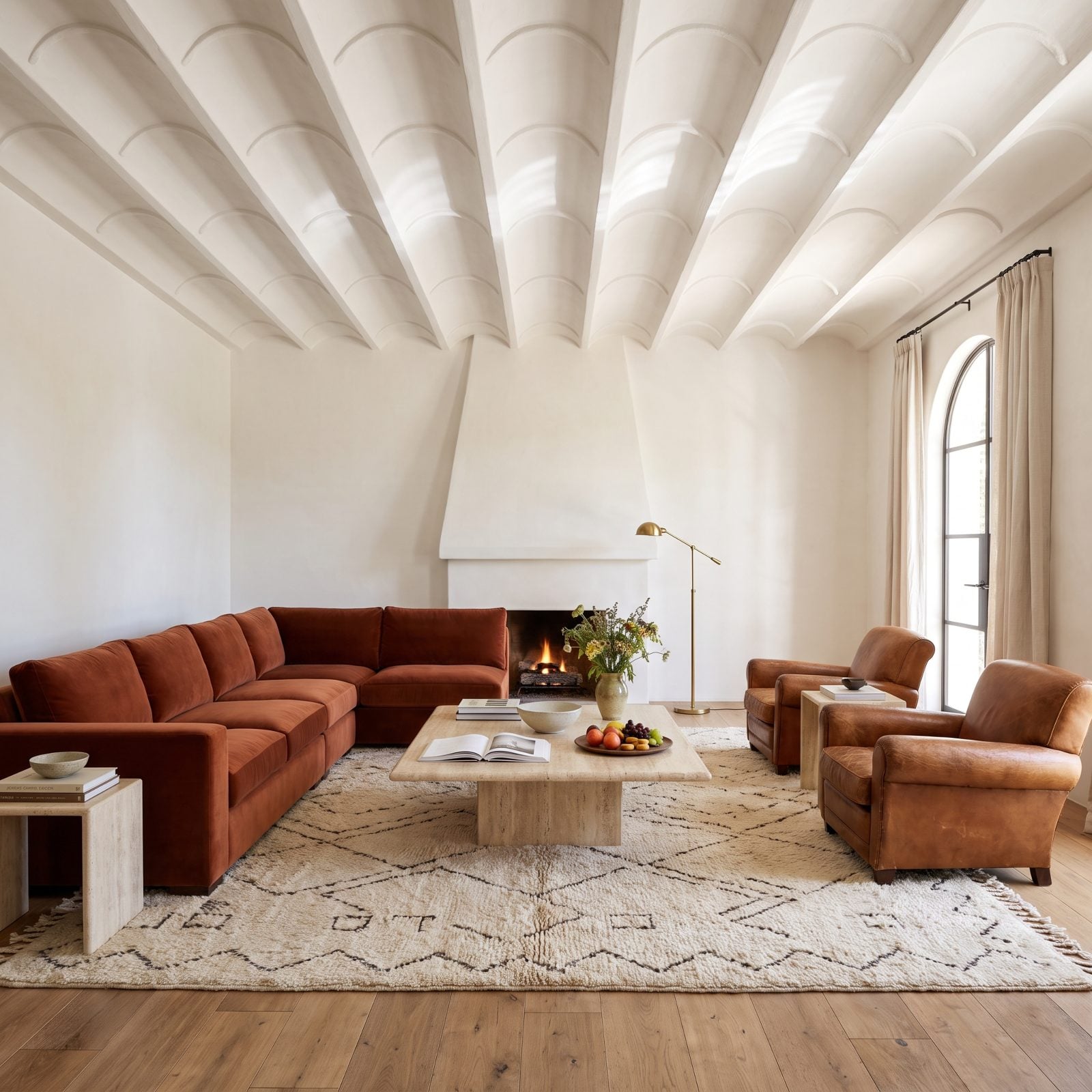 Crisp Scalloped Plaster Ceiling Above a Sienna Velvet Sectional