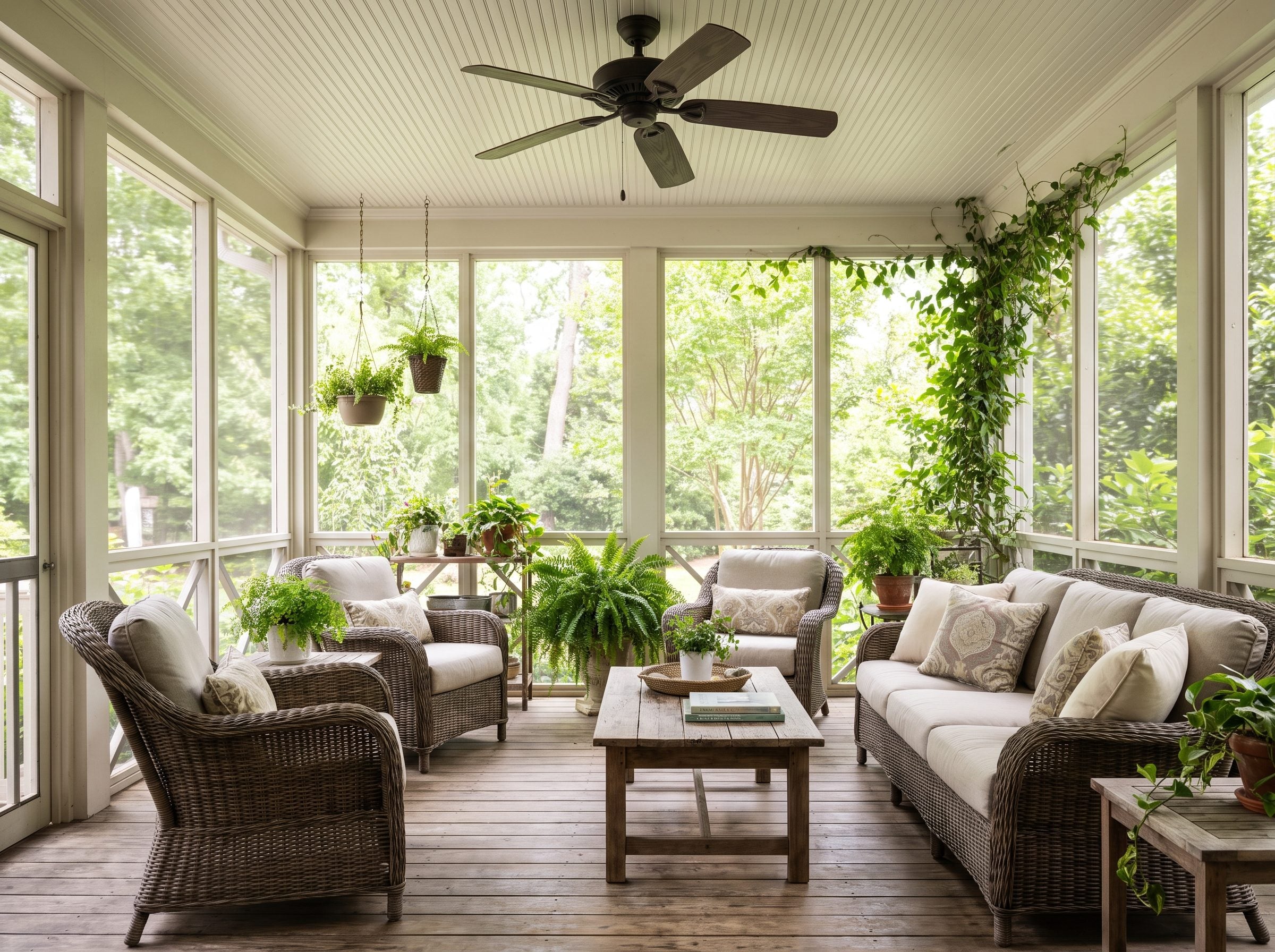 Screened porch with a 52-inch bronze ceiling fan centered above a teak sofa and two armchairs on a jute rug.