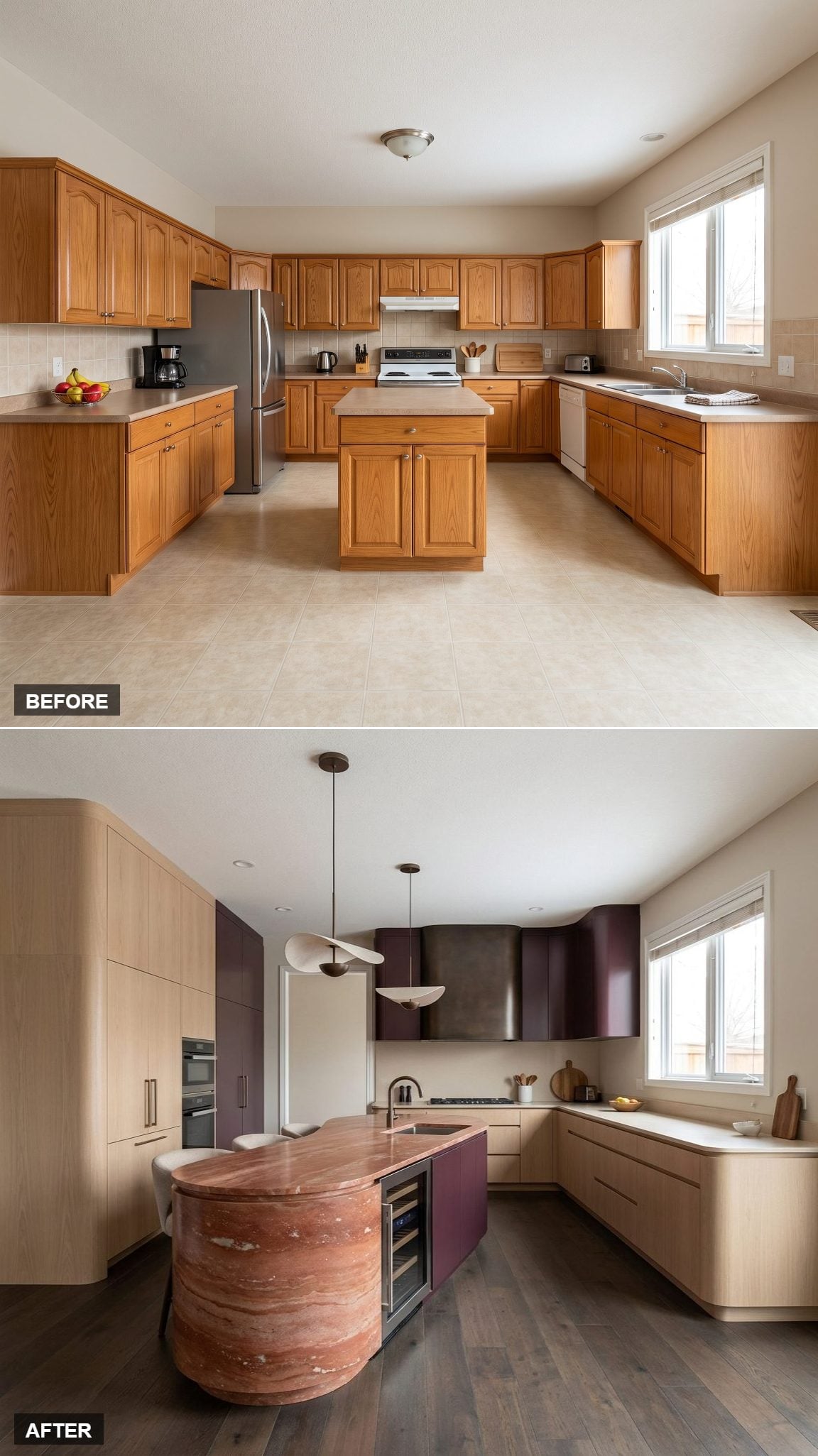 Sculptural Aubergine Kitchen with a Freeform Curved Rosso Stone Island and Dark Bronze Hood