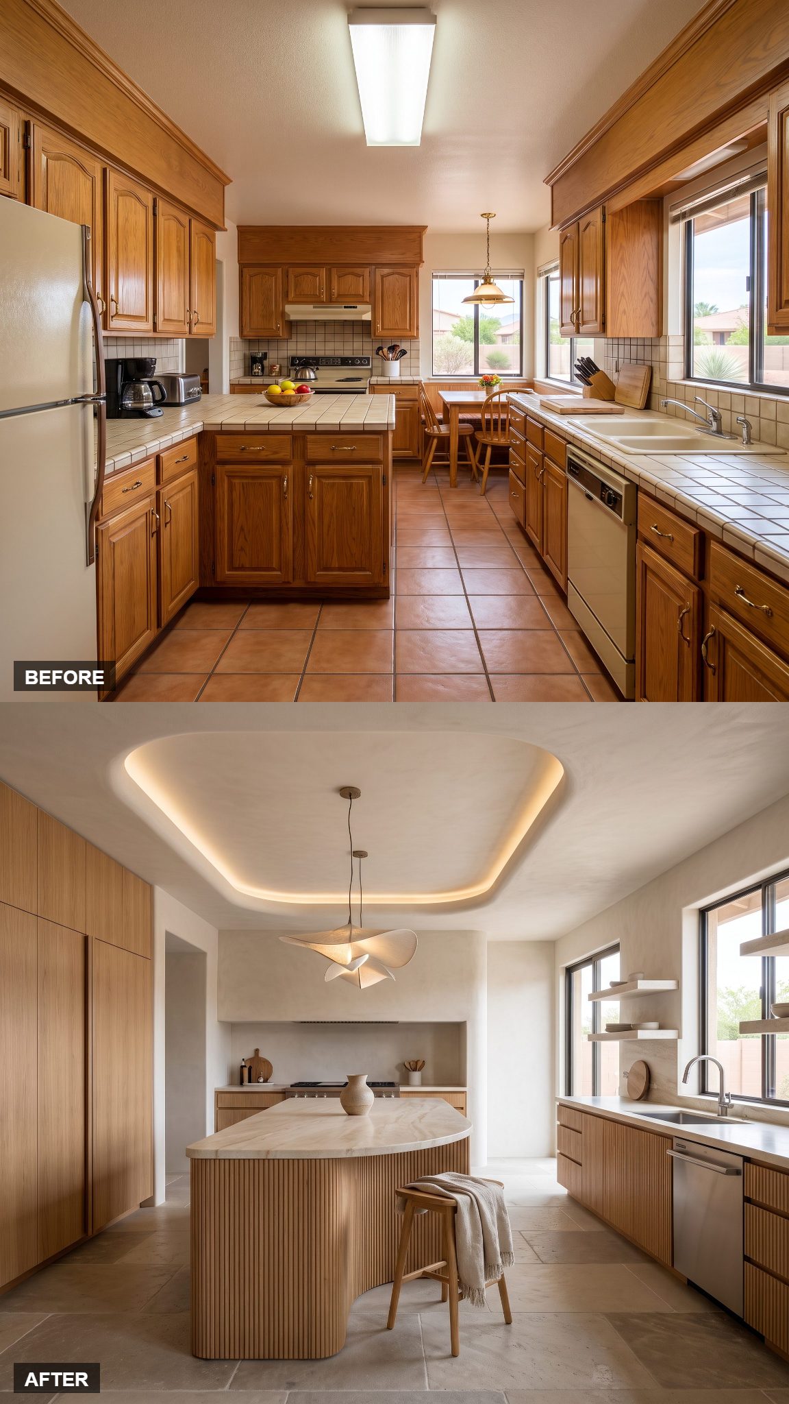 Sculptural Contemporary Southwest With a Curved Ribbed-Oak Island