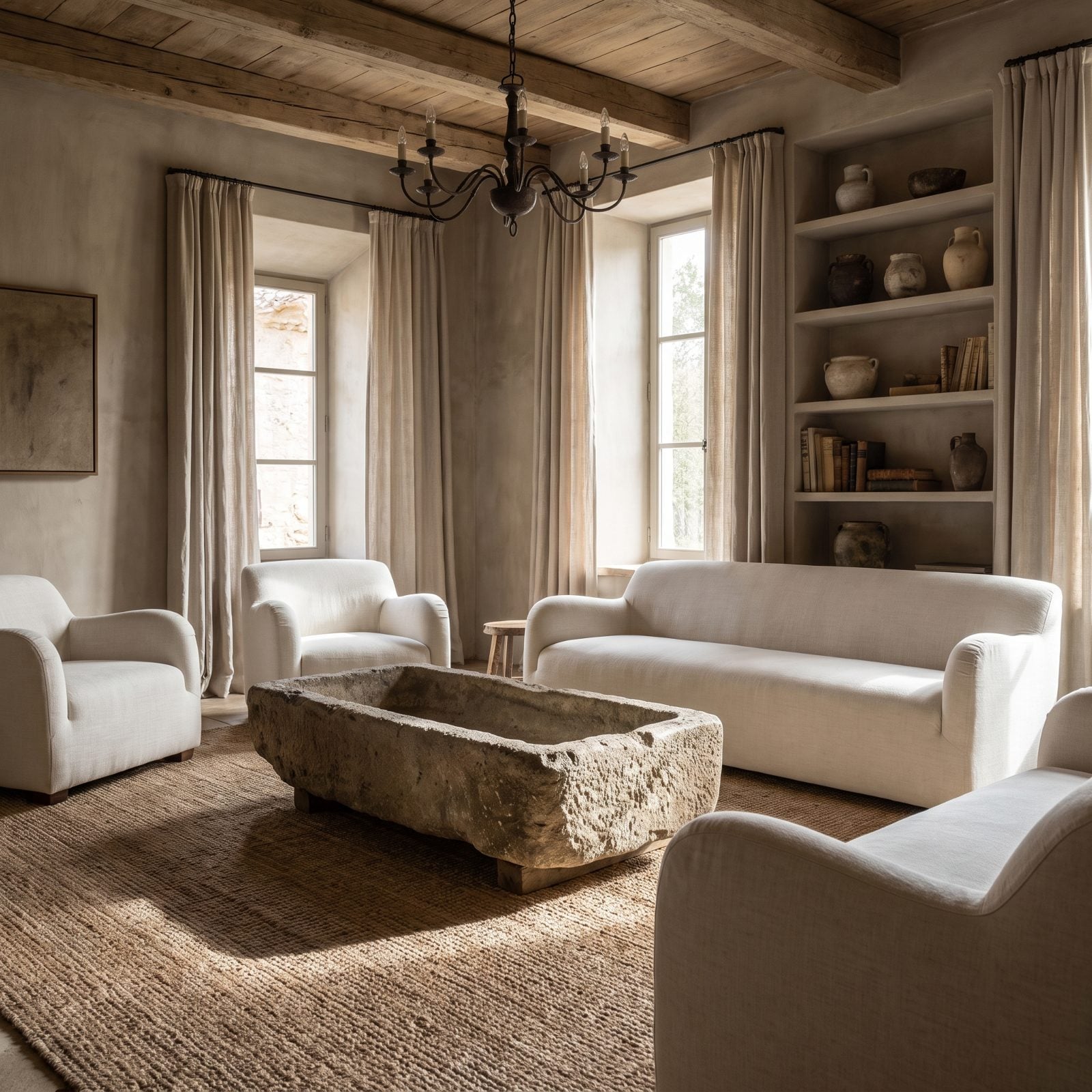 Sculptural Linen Seating Around an Antique Stone Trough Table