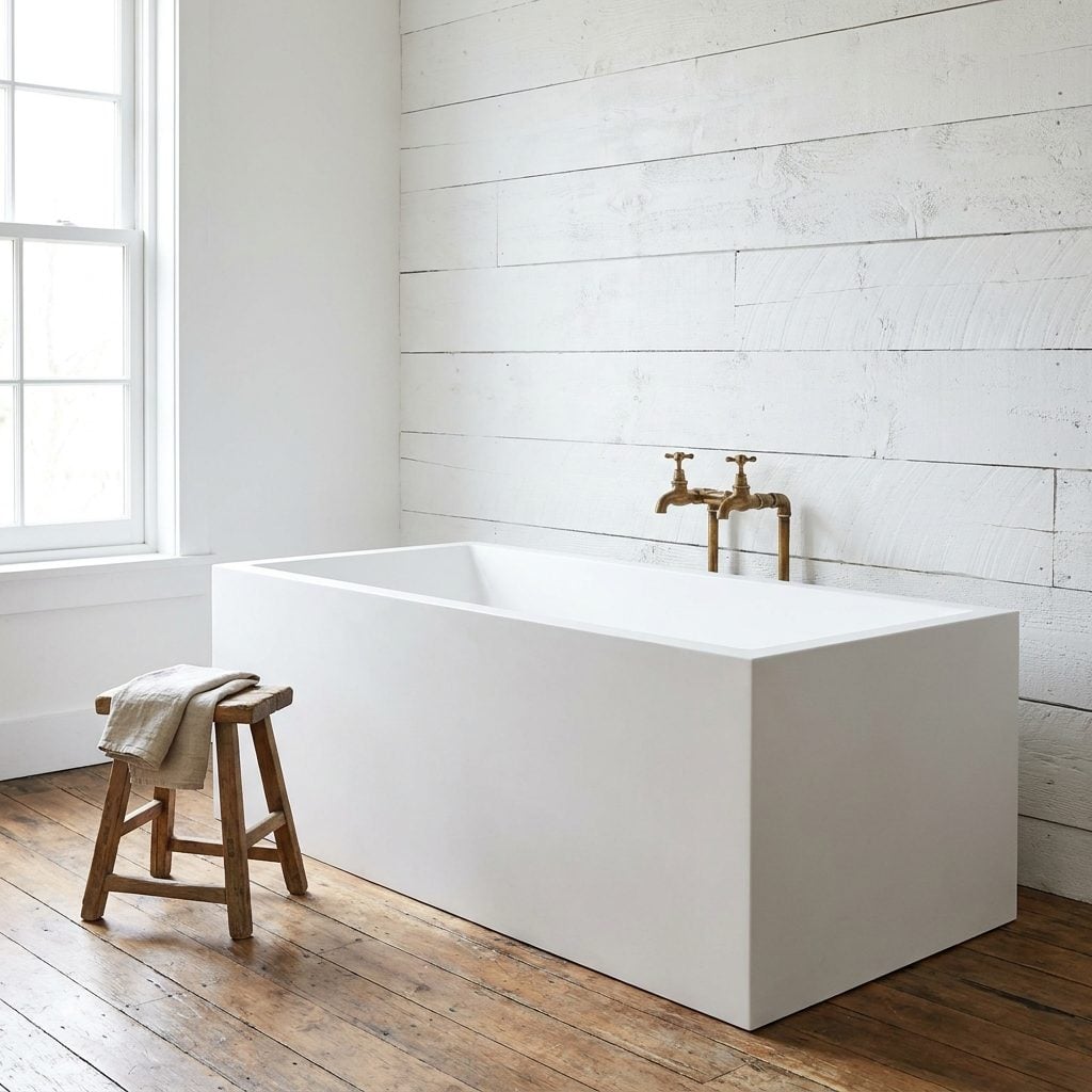 The Sculptural Modern Tub Dropped Into a Farmhouse Bathroom
