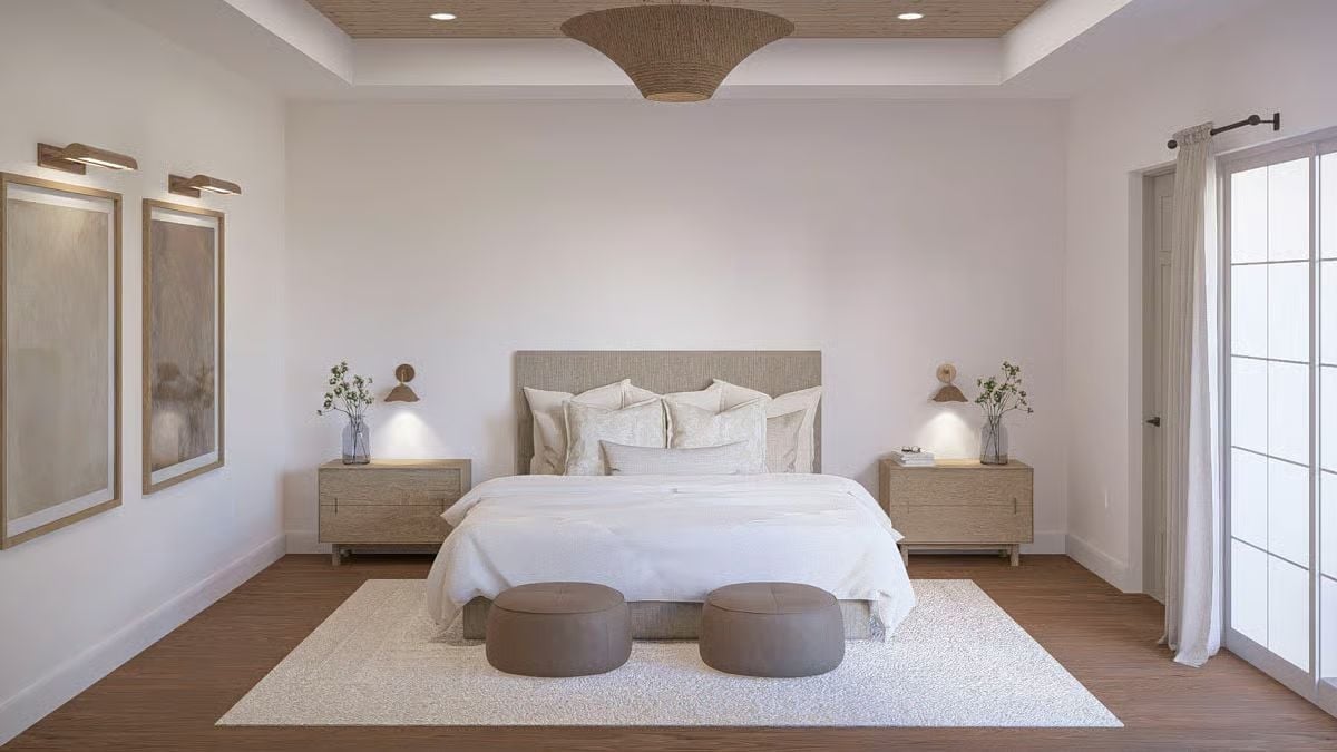 Warm Neutrals and a Woven Ceiling Piece Make This Bedroom Worth Slowing Down In
