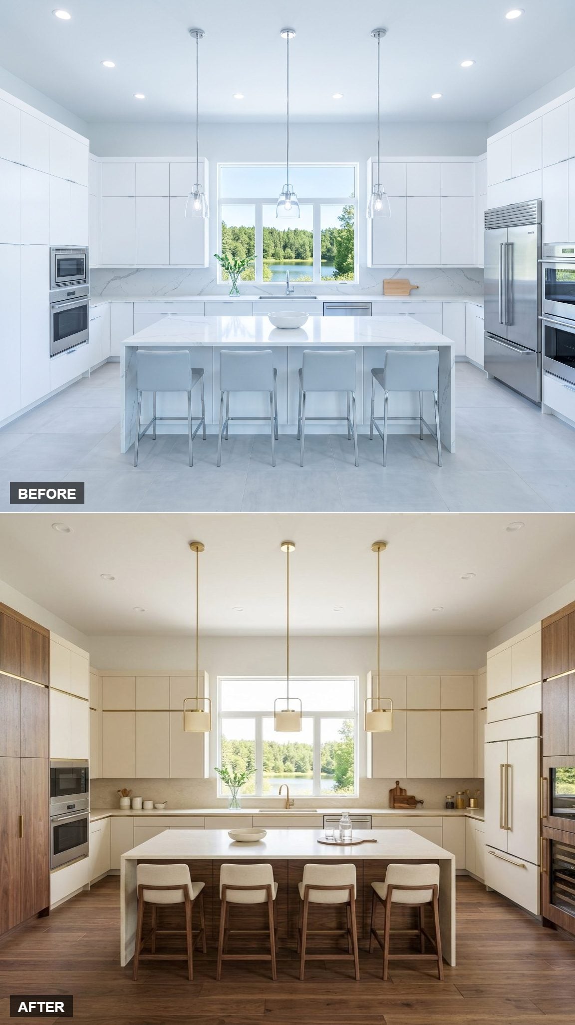 Seamless Slab Cream Cabinetry With Uninterrupted Walnut Panels and Shadow Gap Hardware