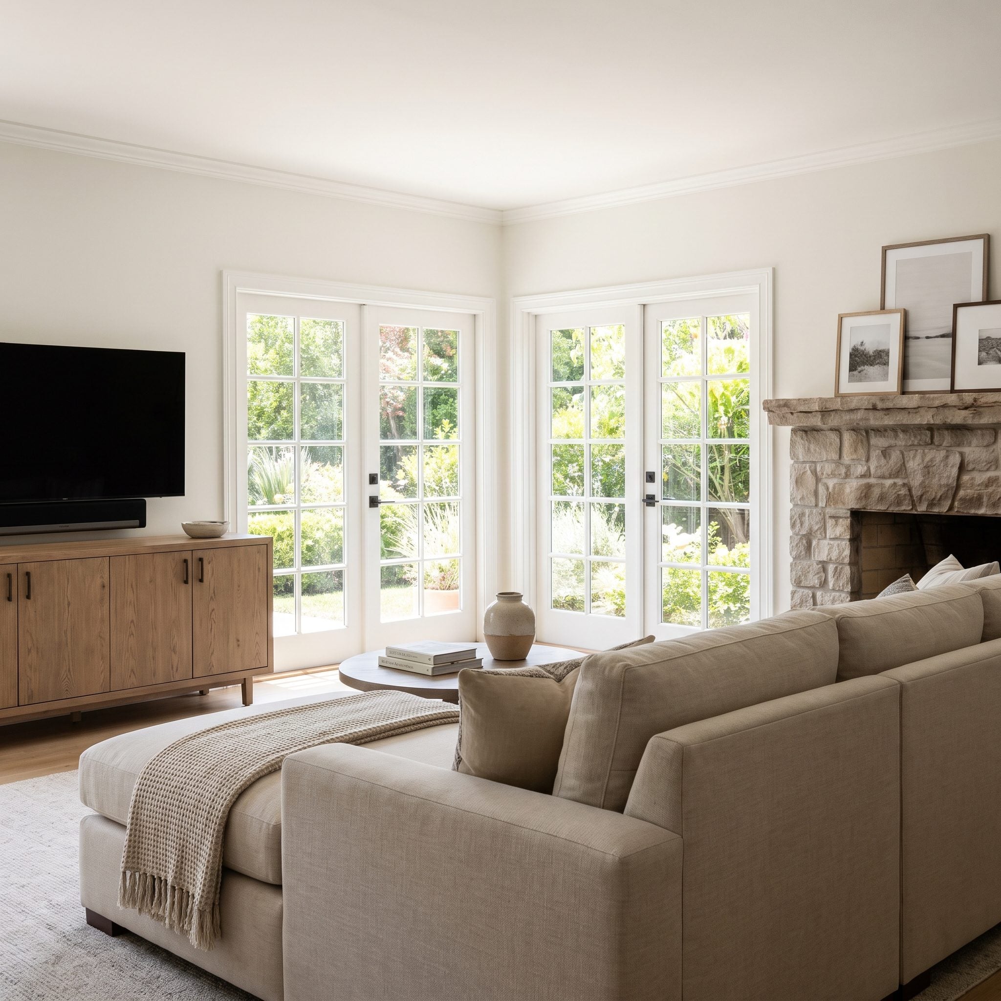 Modern living room with an L-shaped sectional angled toward a fireplace-mounted TV, its back to sunlit French doors.