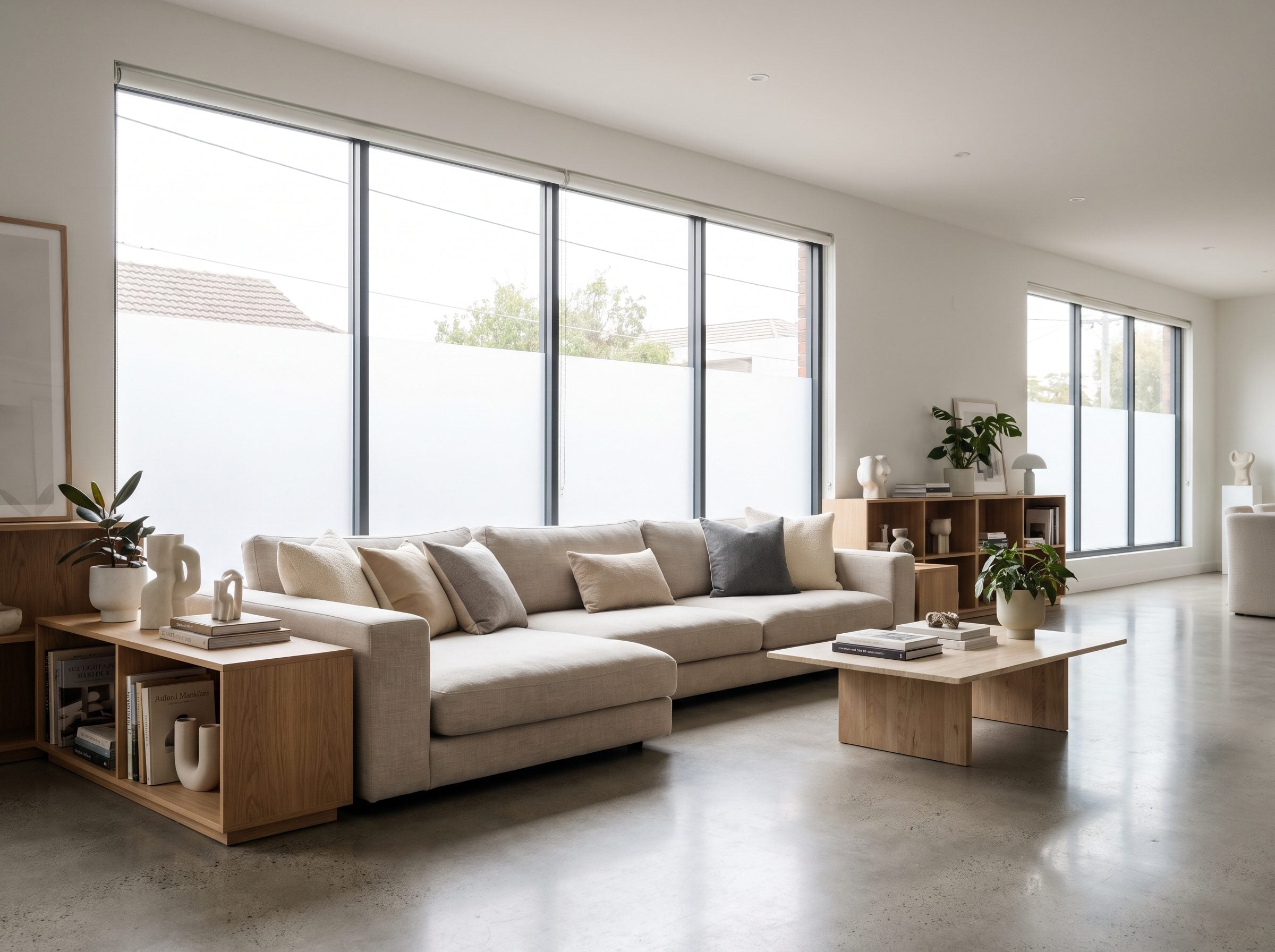 Living room with a low linen sectional crossing in front of a picture window, covering only the bottom pane below the sill