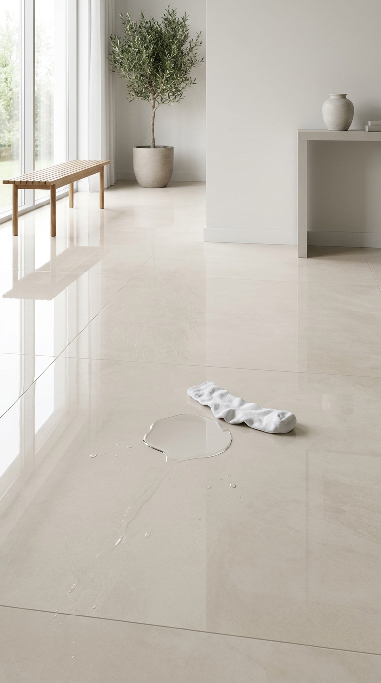 Gray laundry room with a high-gloss polished porcelain floor showing water droplets near the washer.