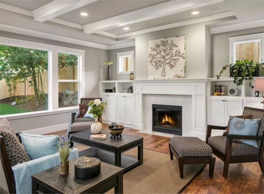 Coffered Ceiling, Built-Ins, and a Fireplace That's Actually Earning Its Square Footage