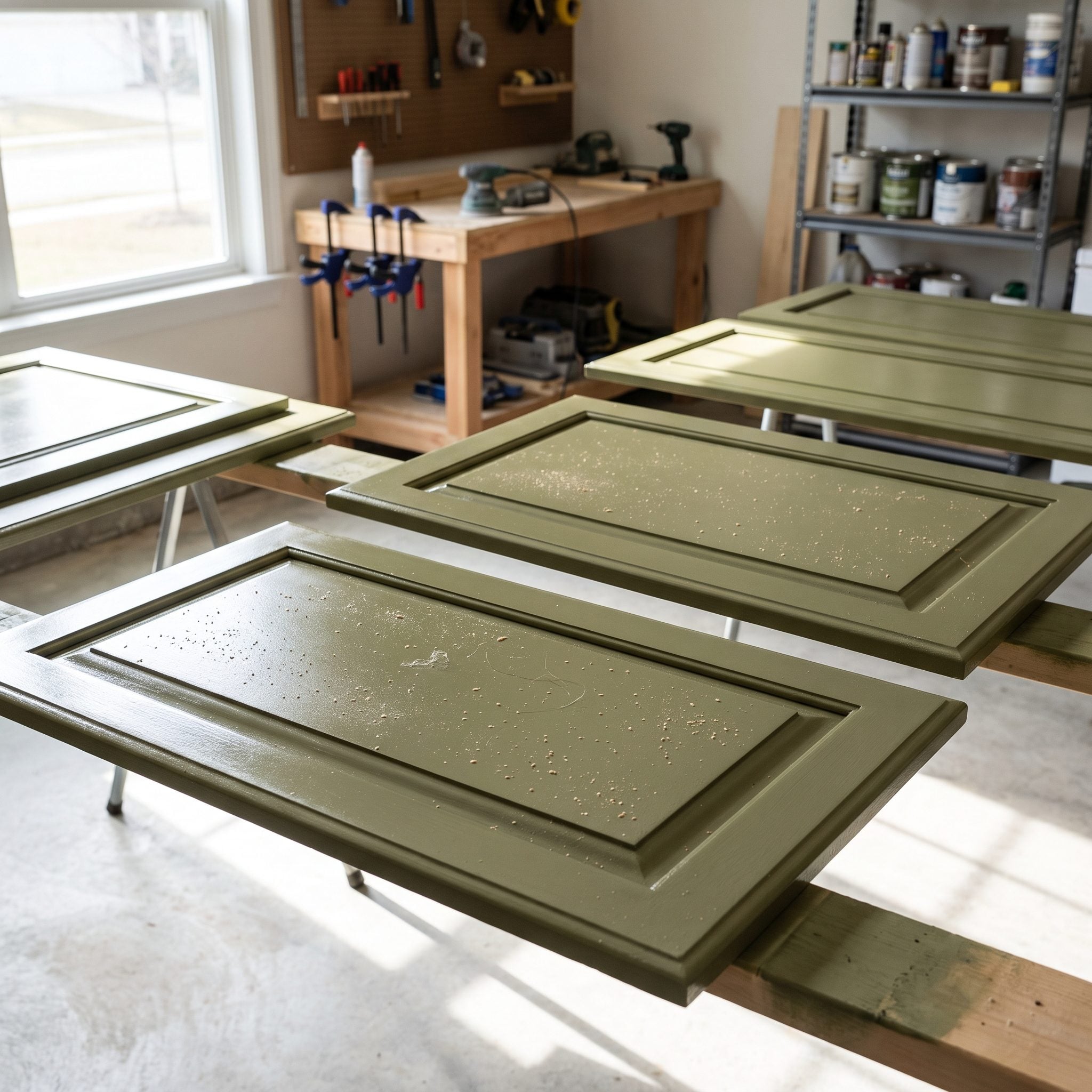 Olive-green cabinet doors drying flat with sawdust, fibers, and dust nibs embedded in the wet paint.