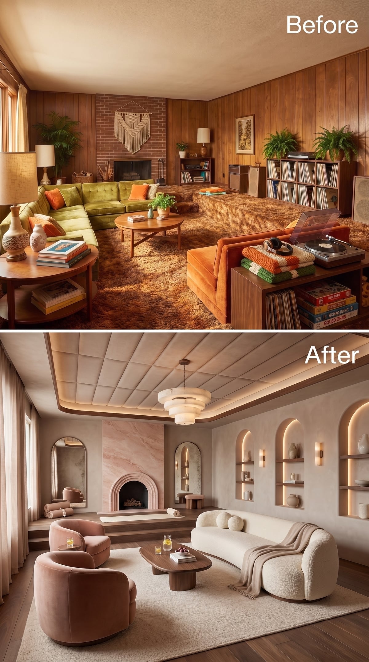 Soft plaster living room with arched niches, bouclé furniture, and upholstered-looking ceiling panels