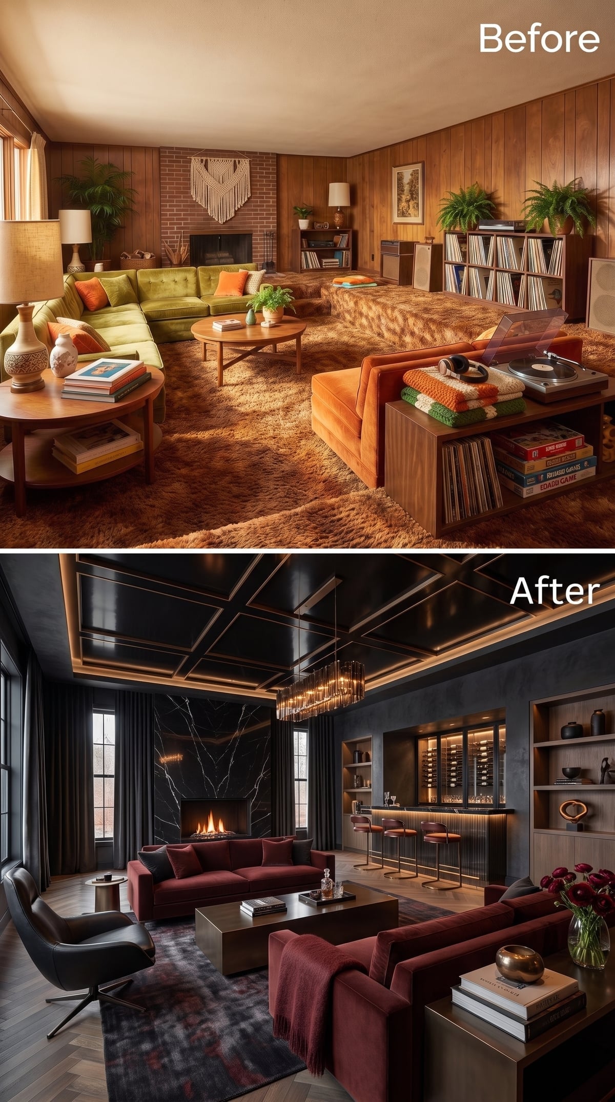 Dark living room with black marble fireplace and burgundy velvet seating