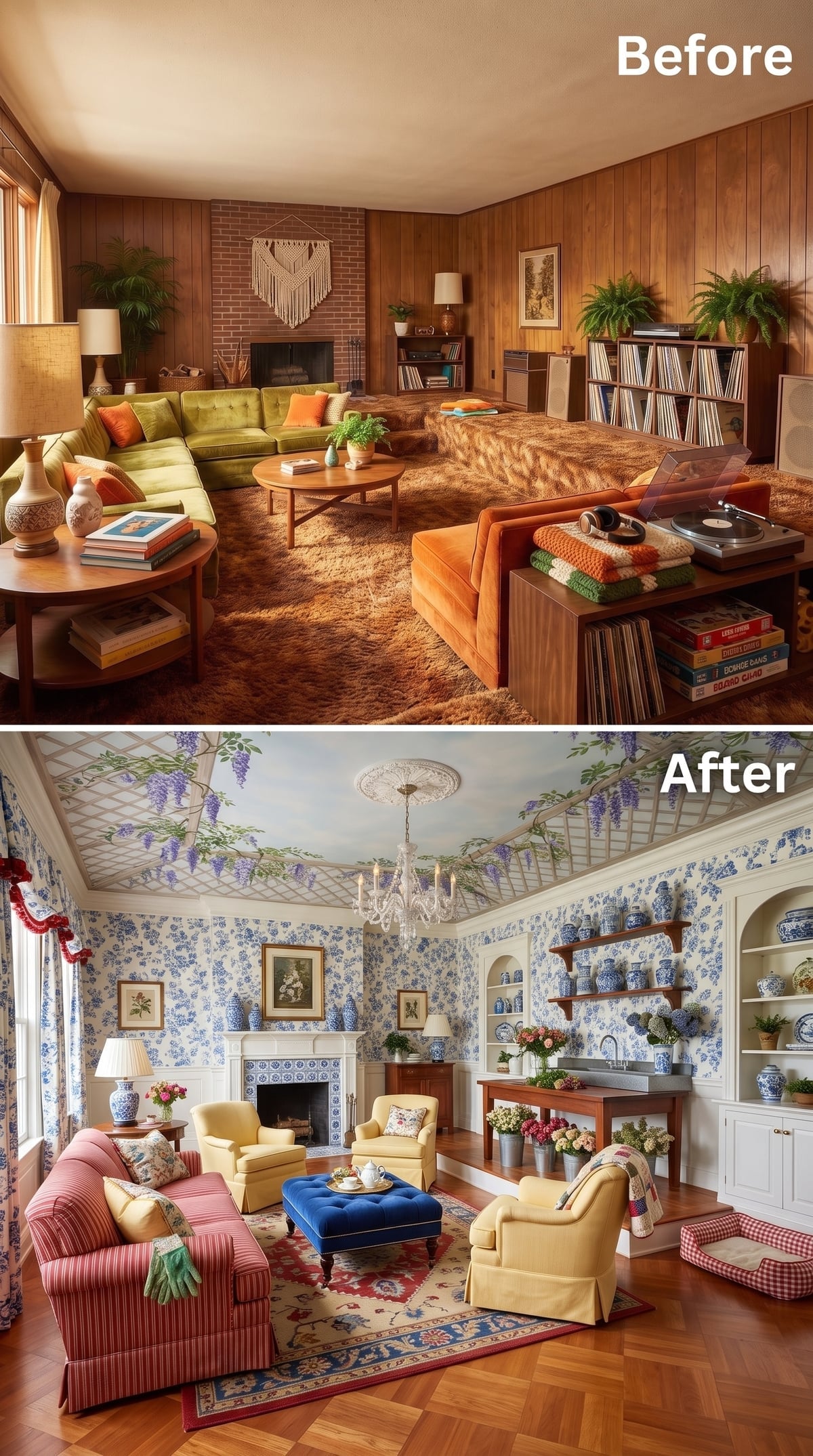 Blue-and-white toile living room with painted wisteria ceiling and ginger jars