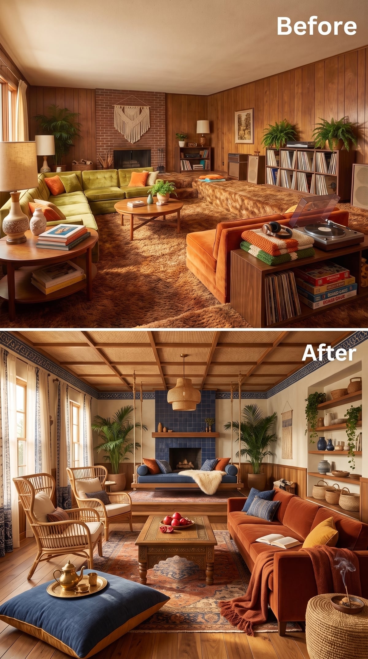Indigo glazed tile fireplace with rattan furniture and suspended swing sofa
