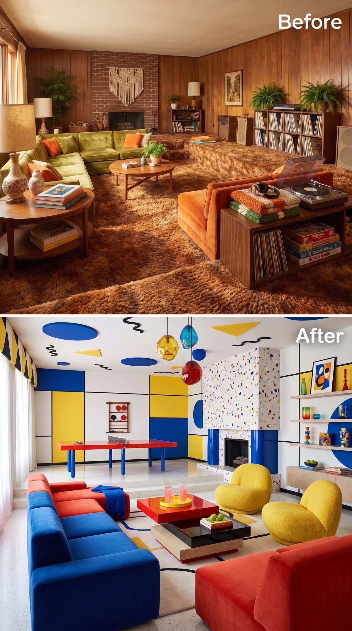 Living room with cobalt blue, yellow, white, and geometric color blocking