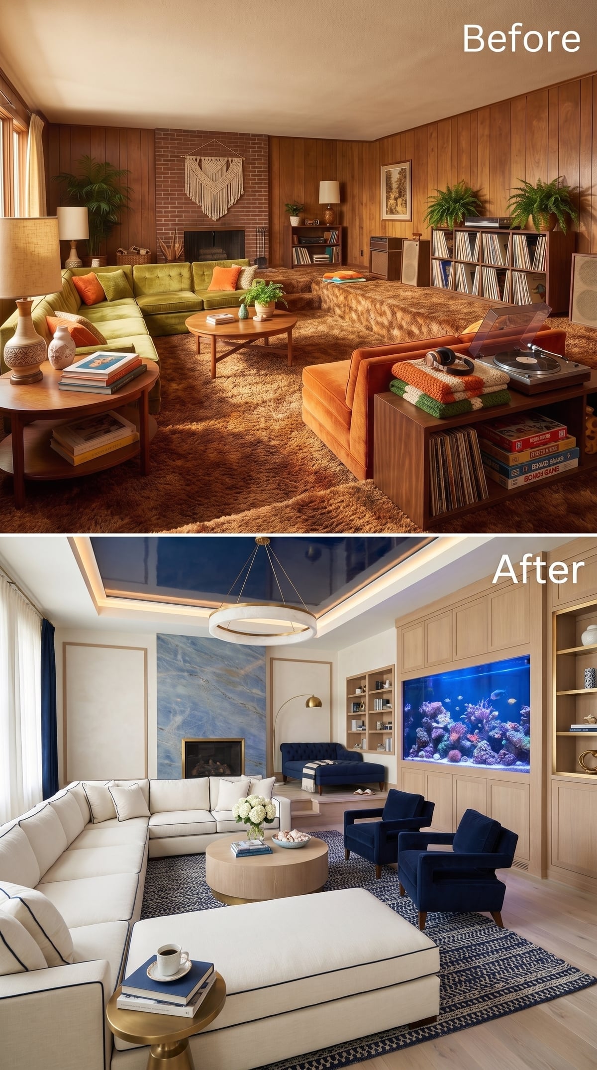 Living room with built-in reef-style aquarium, navy ceiling, and cream sectional