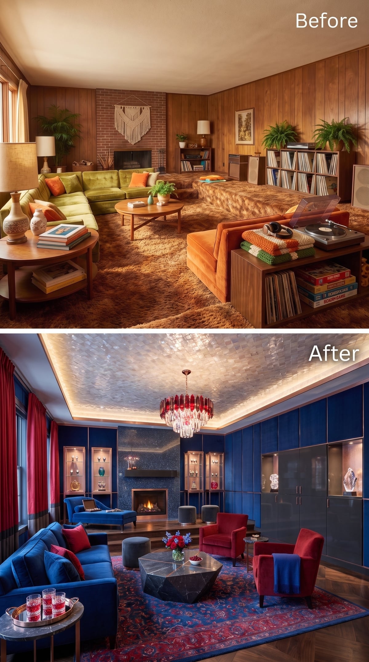 Cobalt velvet living room with red chandelier and luminous textured ceiling