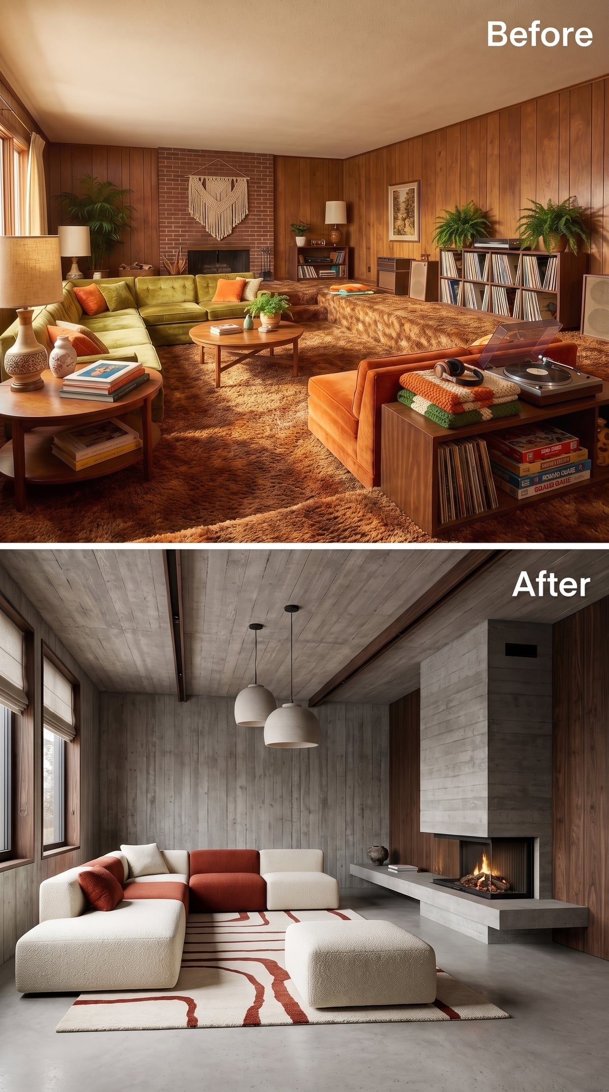 Concrete-look living room with cream bouclé sectional and pendant globes