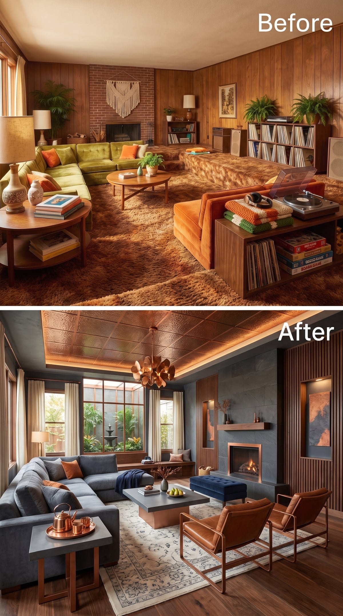 Living room with copper ceiling, slate walls, and cognac leather chairs