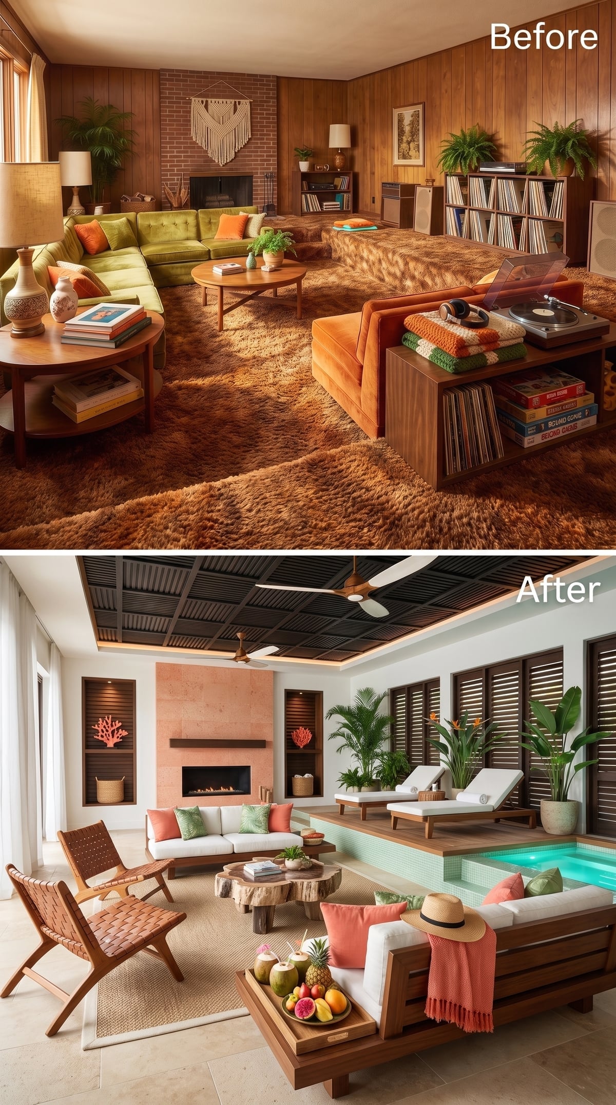 Warm resort-style living room with indoor pool and dark slatted ceiling