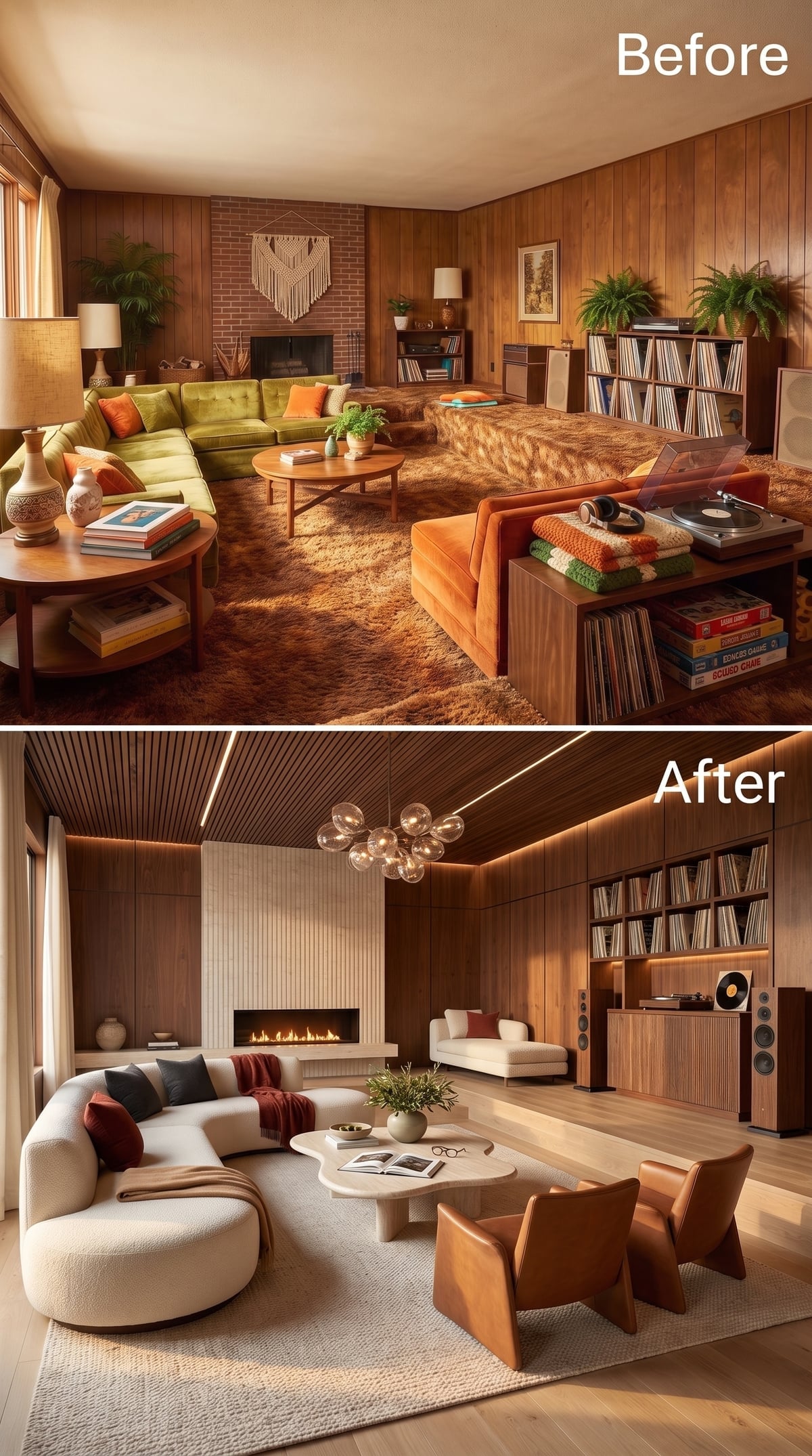 Cream bouclé living room with walnut walls and linear fireplace