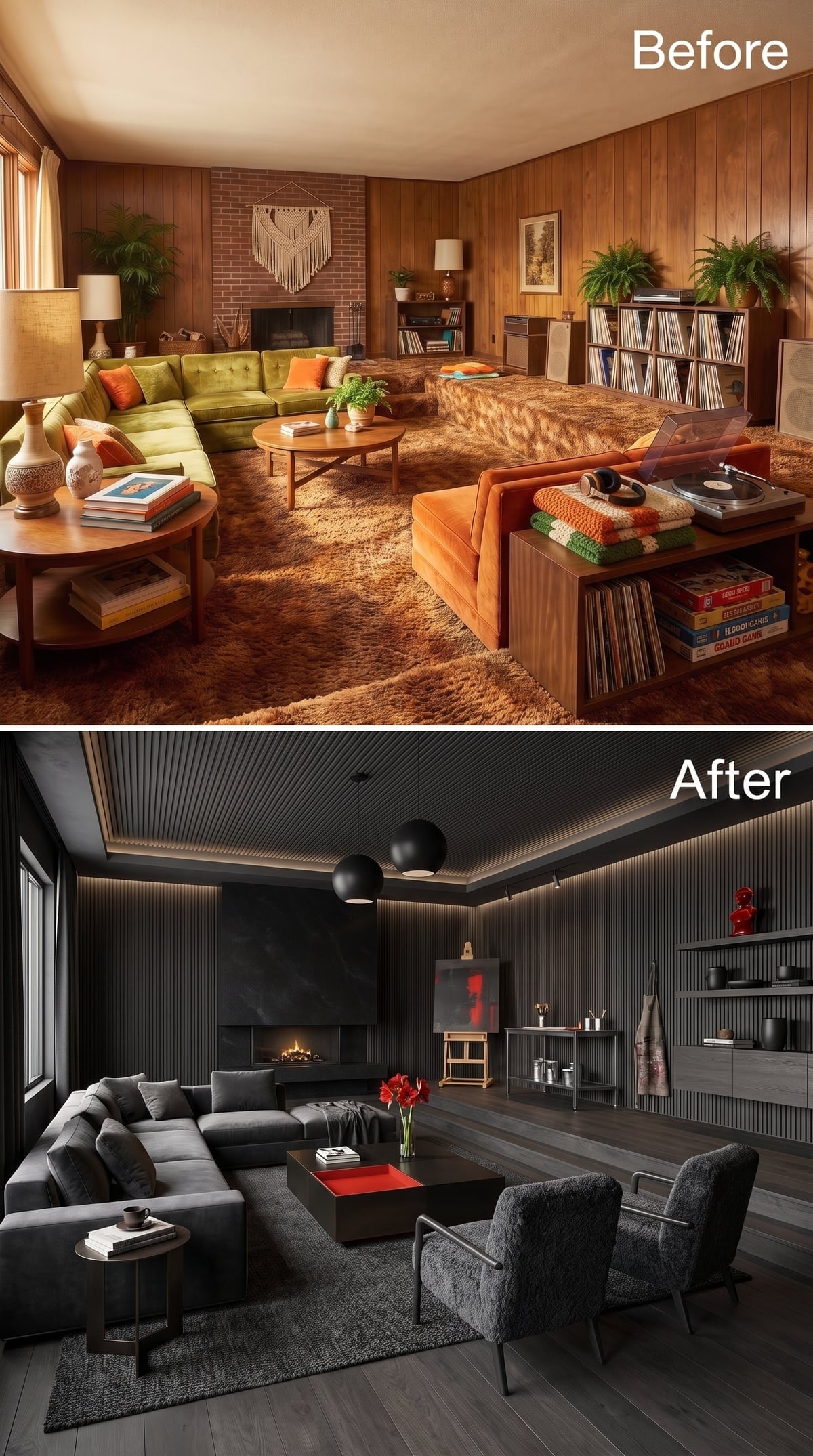 Dark charcoal living room with slatted walls, cove lighting, and graphite sectional