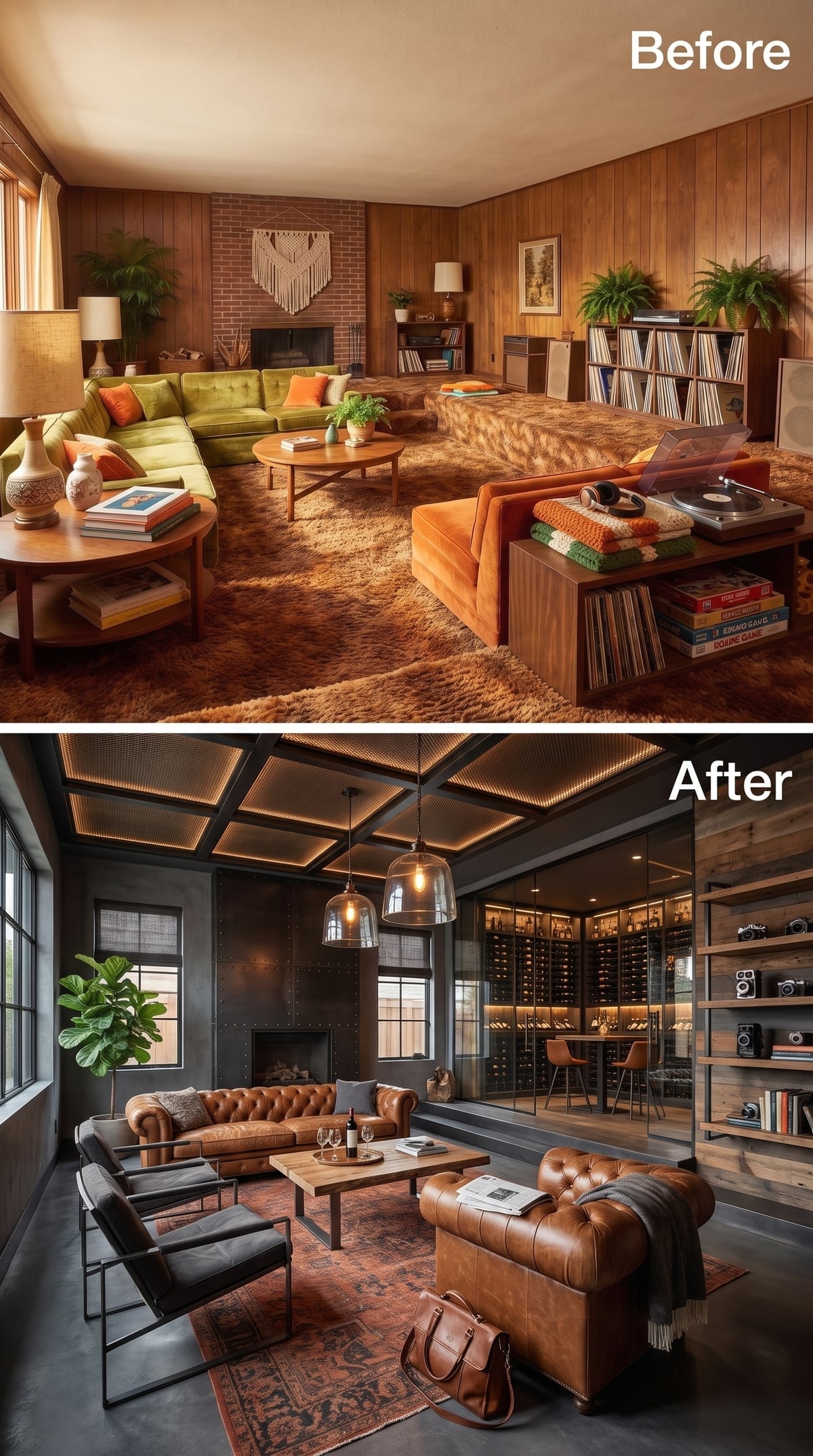 Dark living room with steel coffered ceiling, cognac Chesterfields, and glass wine cellar