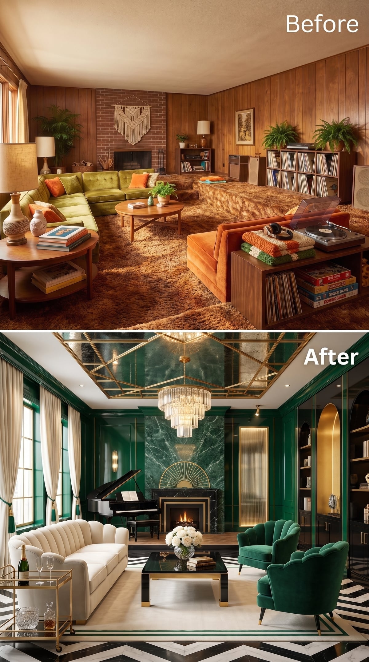 Emerald green living room with marble fireplace, gold ceiling geometry, and grand piano