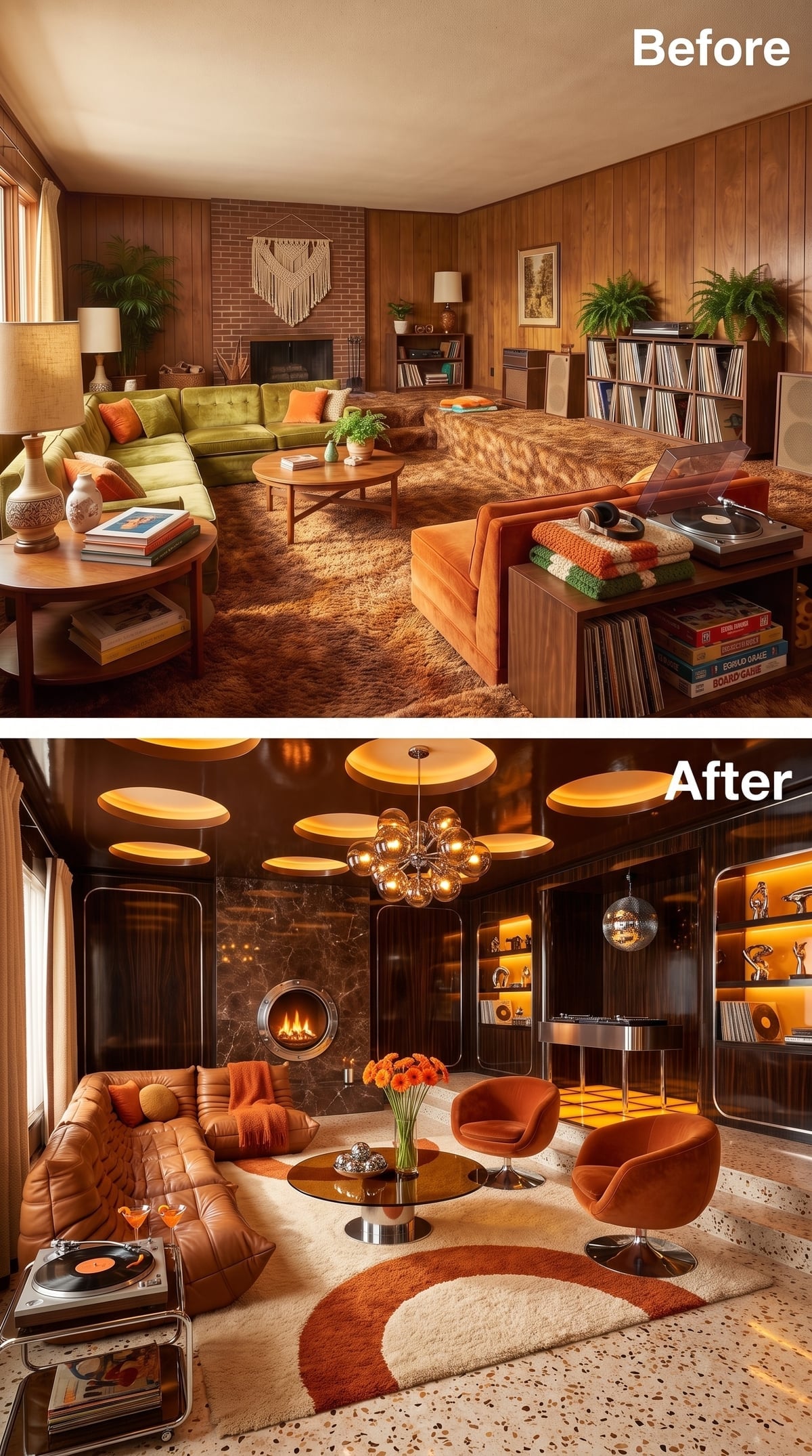 Glossy chocolate living room with Sputnik chandelier and terrazzo floor