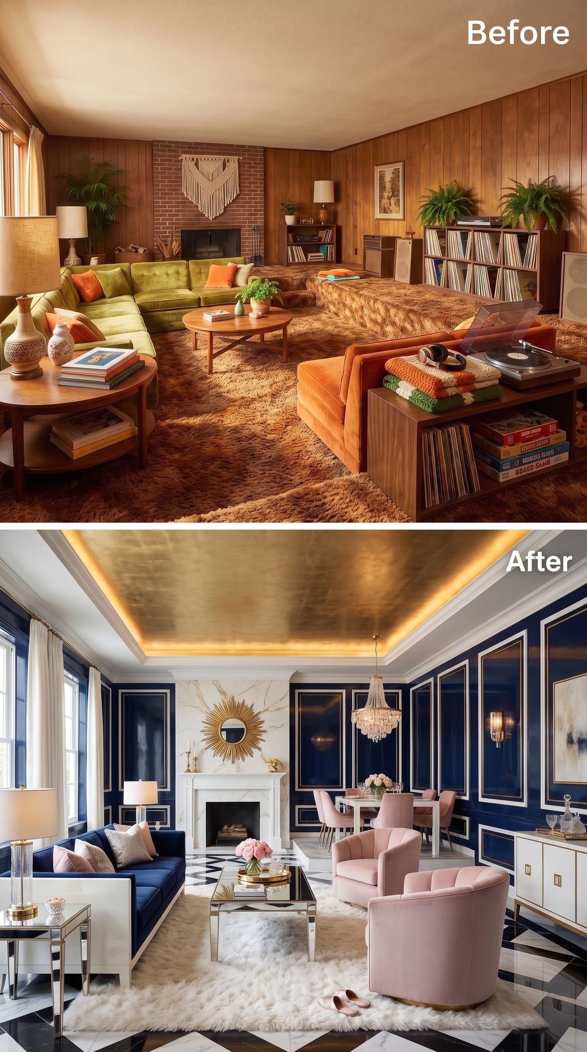 Navy living room with gold ceiling and pink velvet chairs