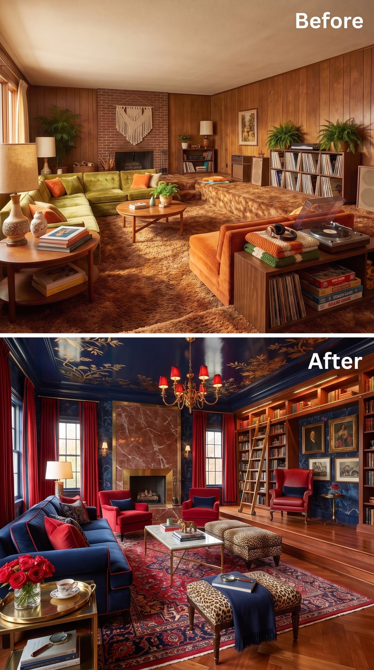 Maximalist library living room with gold botanical ceiling, rolling ladder, and leopard ottomans