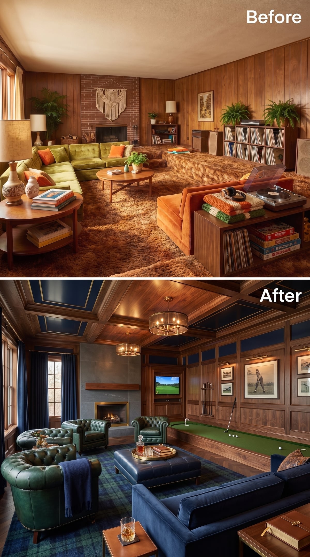Club-style living room with coffered ceiling, leather seating, and indoor putting green