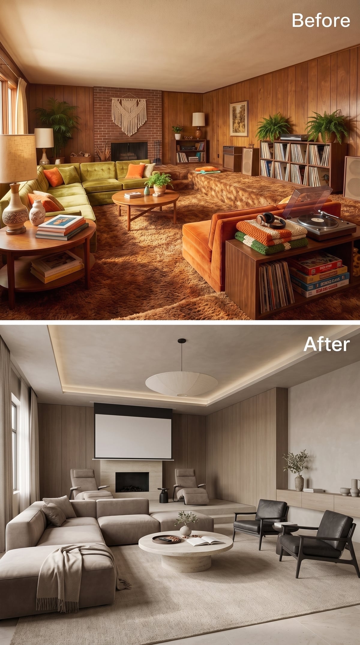 Greige living room with warm cove lighting and retractable projection screen