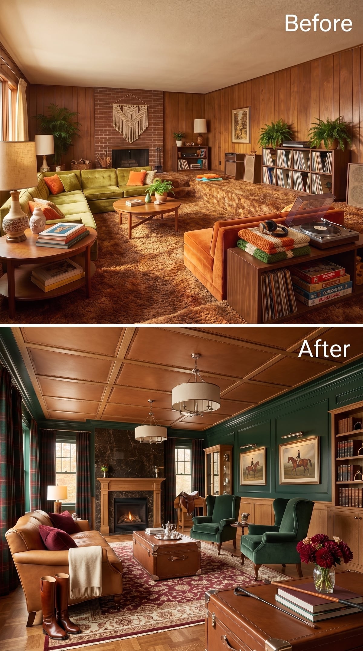 Traditional living room with hunter green wainscoting, leather sofa, and equestrian art