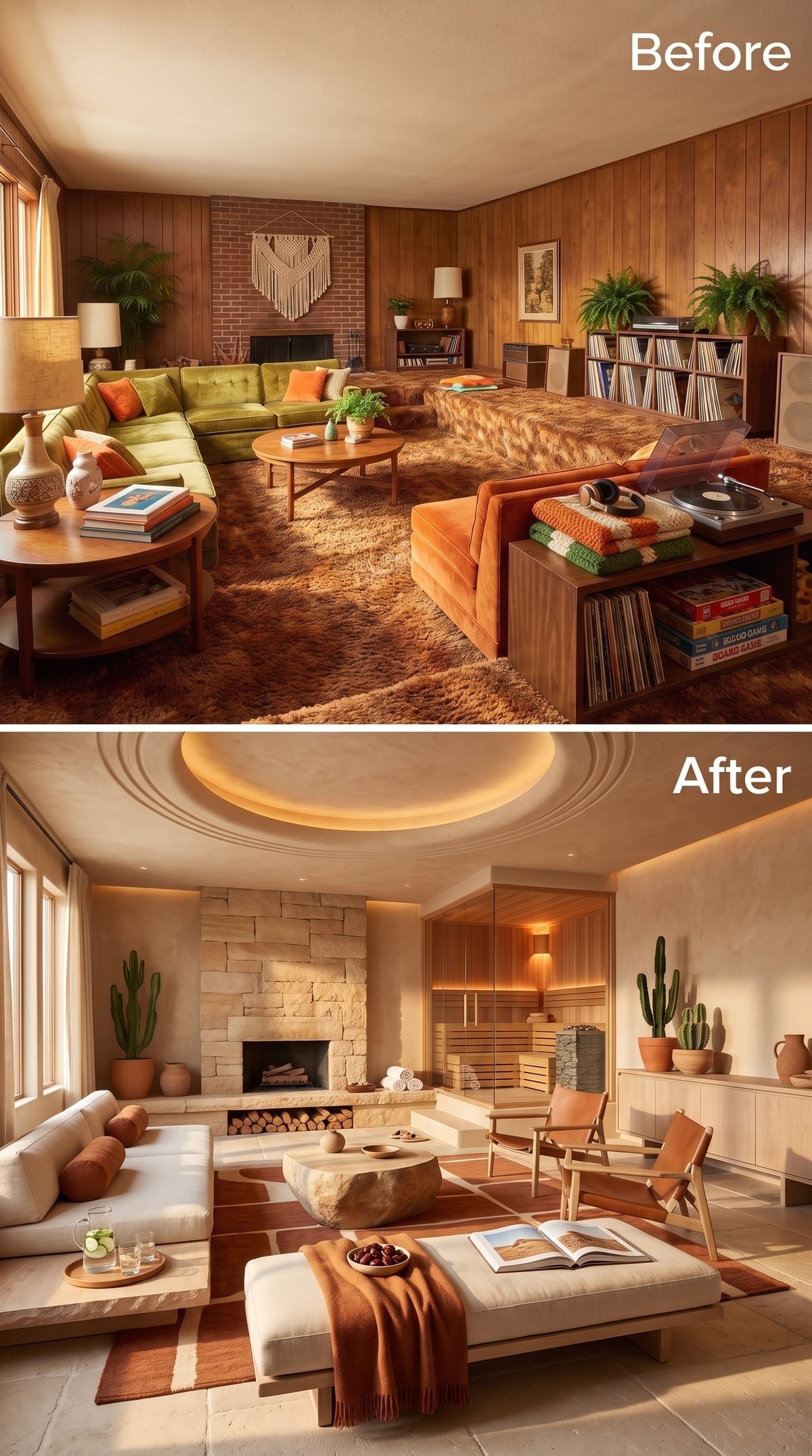 Limestone living room with circular ceiling coffer and sauna-inspired slatted alcove