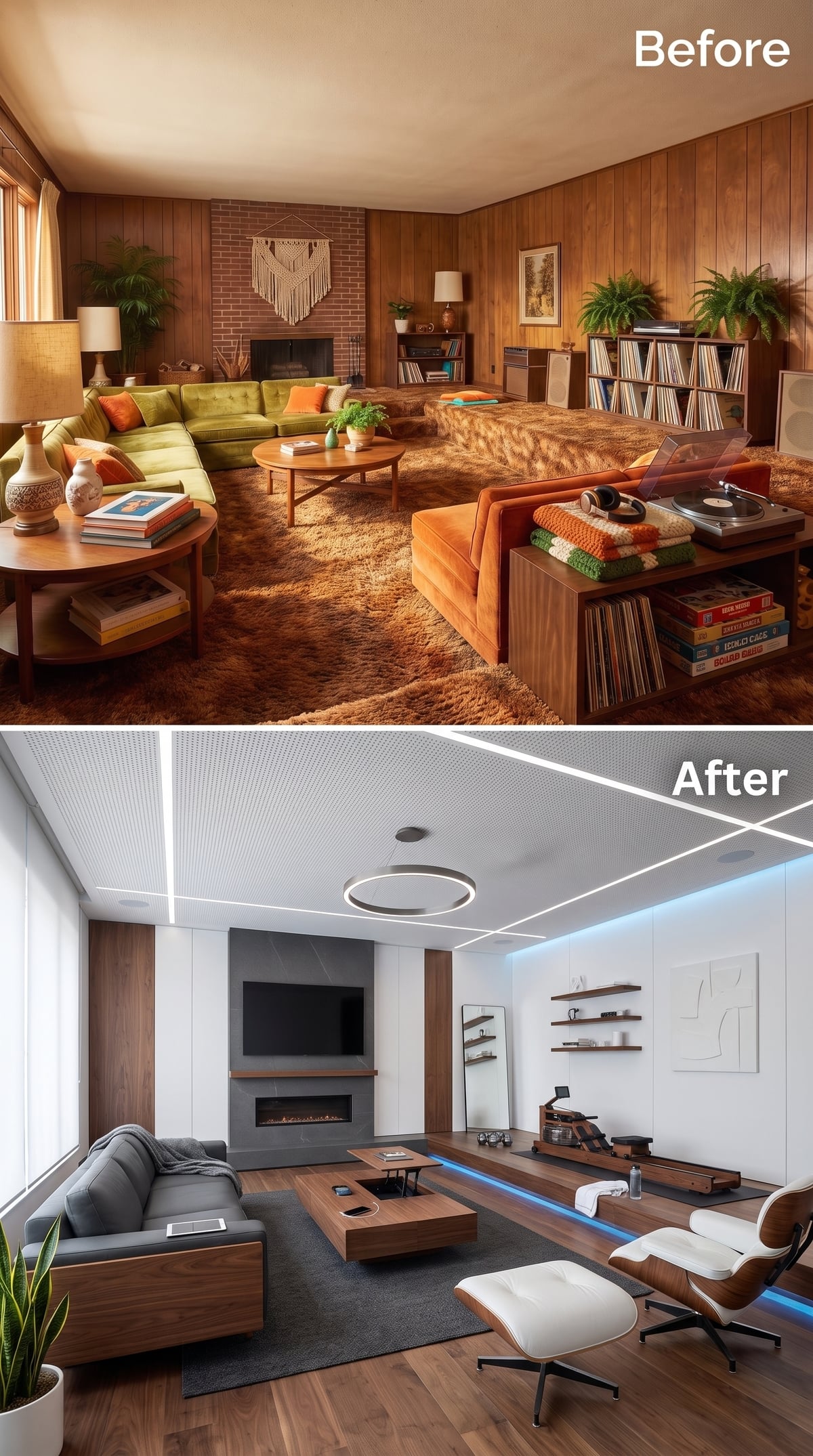 Contemporary living room with linear ceiling lighting, dark hardwood, and raised exercise platform