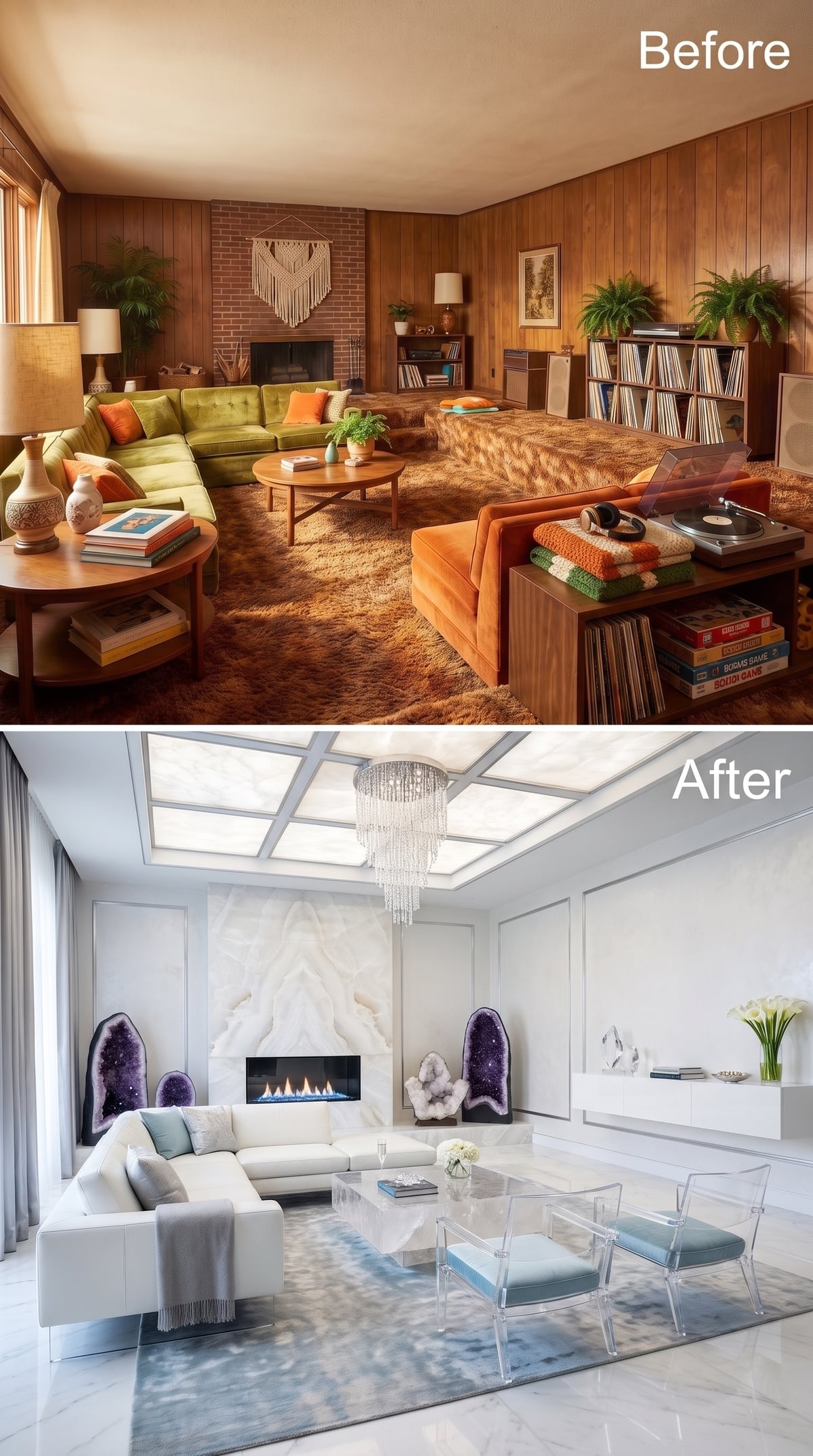 White marble living room with amethyst geodes and transparent furniture