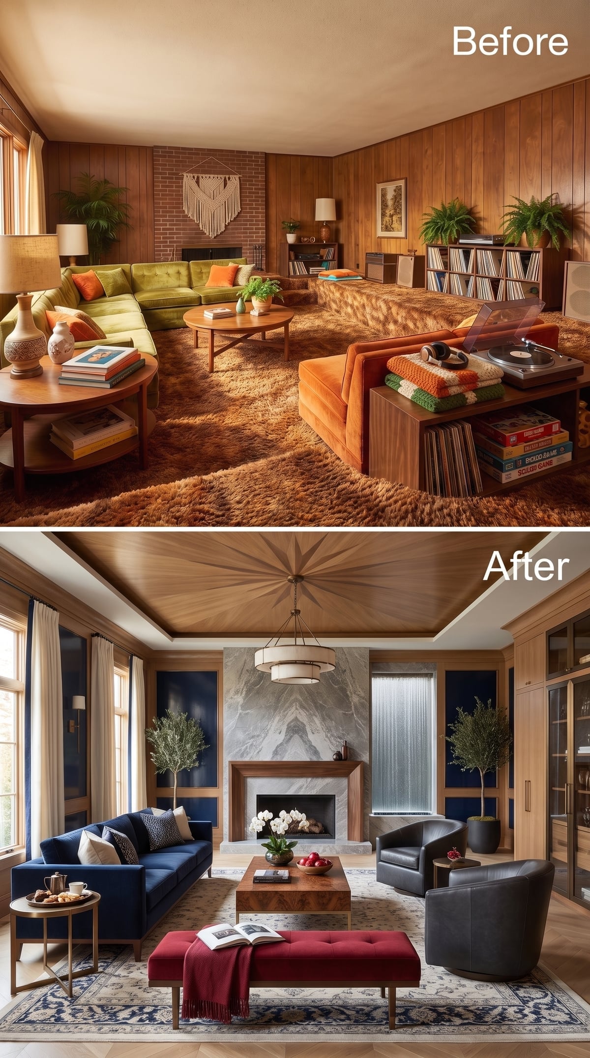 Navy velvet living room with marble fireplace and starburst wood ceiling