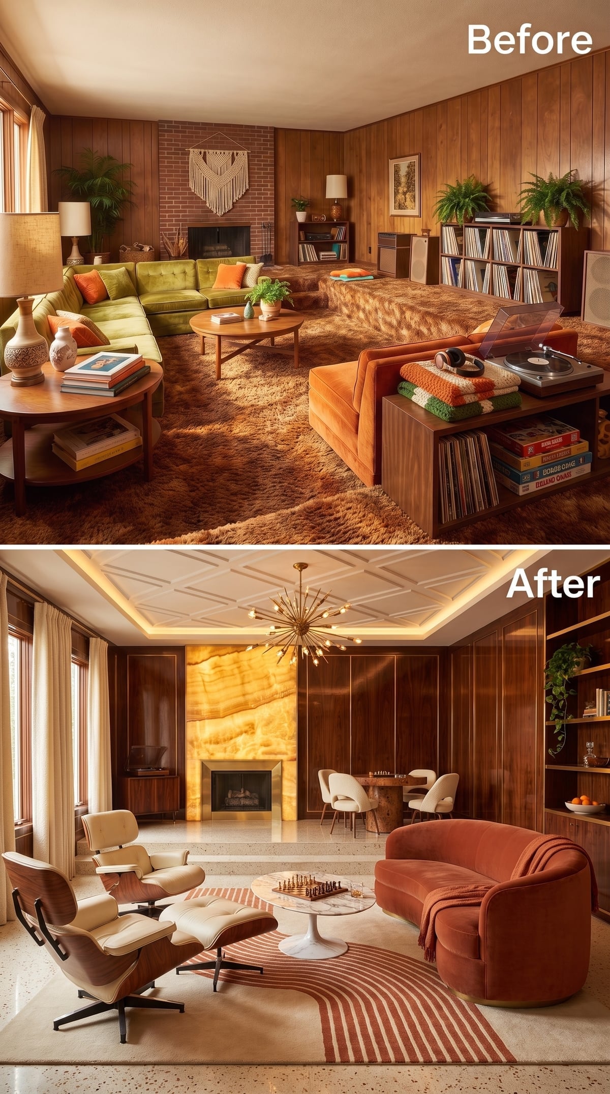 Living room with honey-toned onyx fireplace, terrazzo floor, and Sputnik chandelier