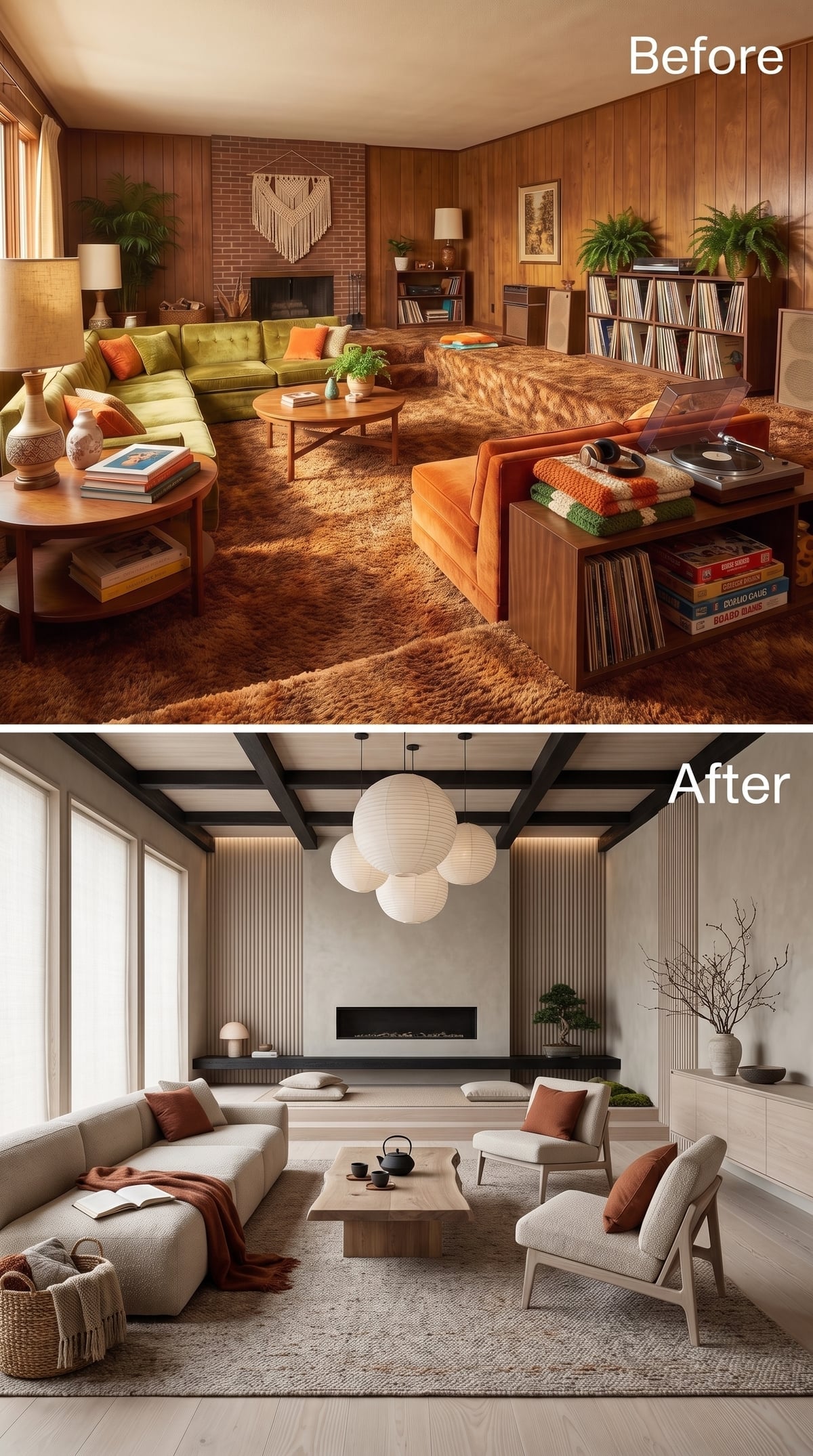 Pale living room with exposed dark beams and oversized paper lantern pendants