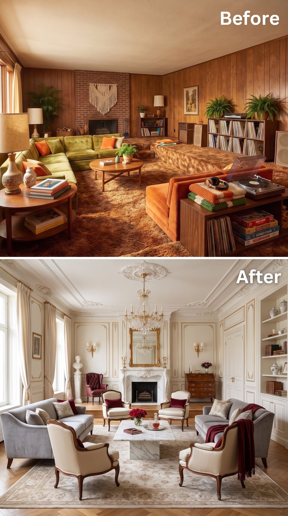 French-inspired living room with ivory wall paneling and marble fireplace