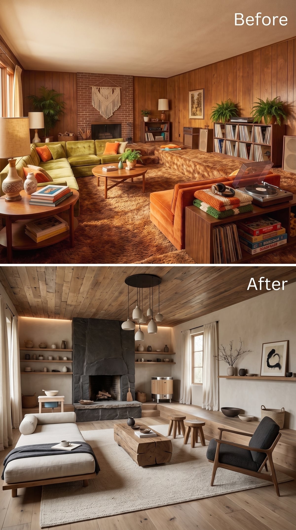 Living room with pale reclaimed-look wood ceiling and raw stone fireplace