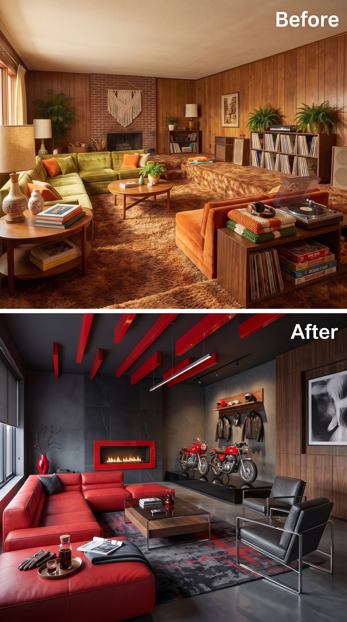 Red living room with leather sectional and motorcycles displayed on a platform