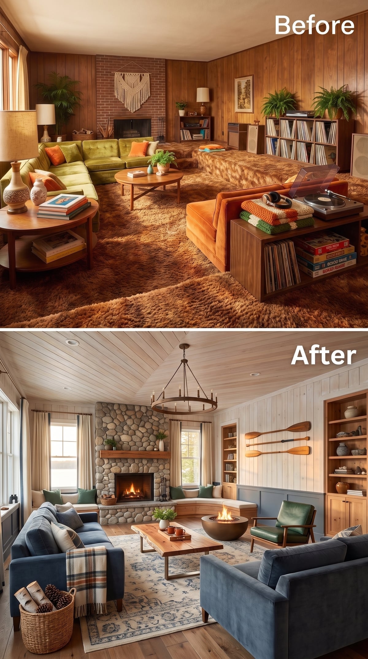 Lake-house living room with river-stone fireplace and blue velvet sofas