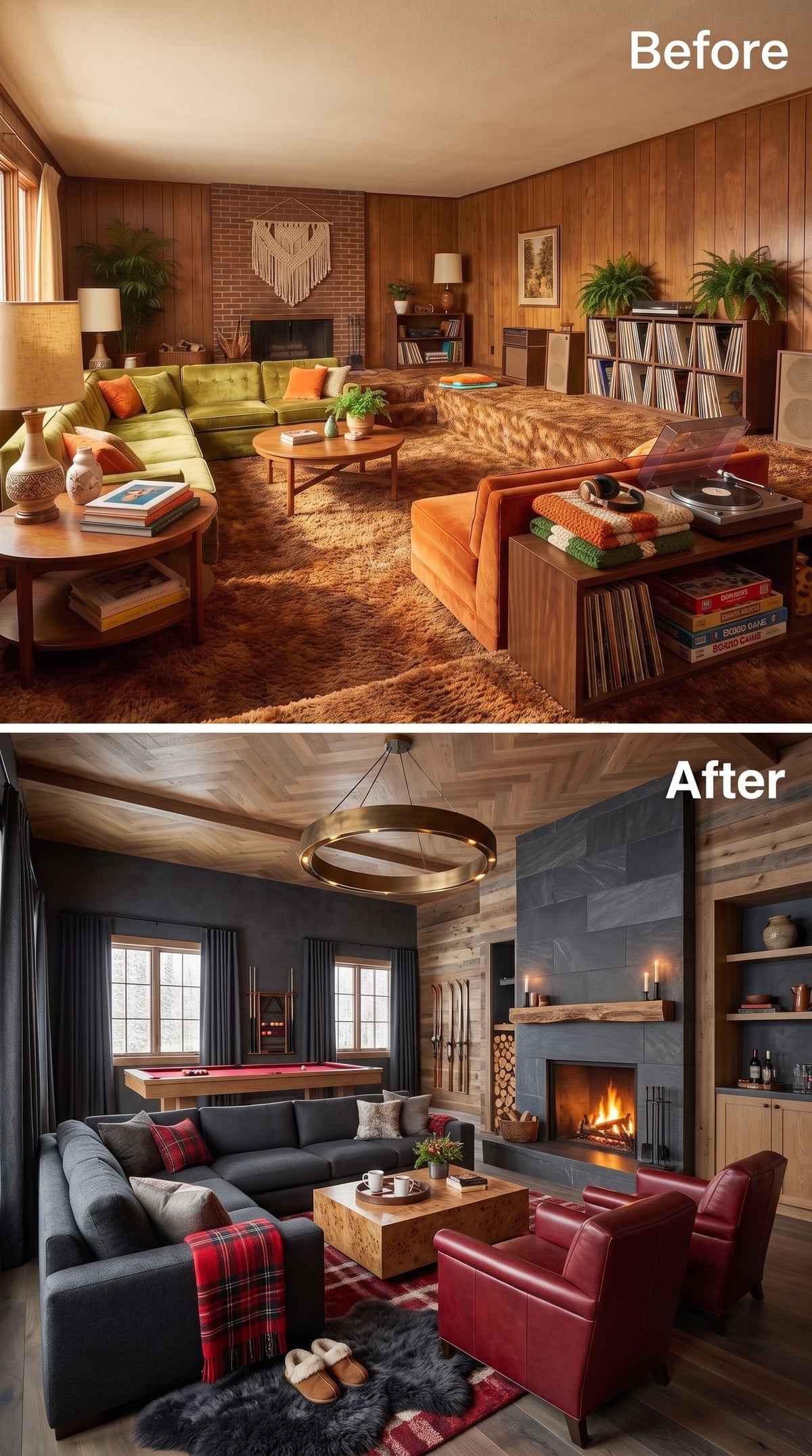 Mountain-style living room with slate fireplace, plaid textiles, vintage skis, and pool table